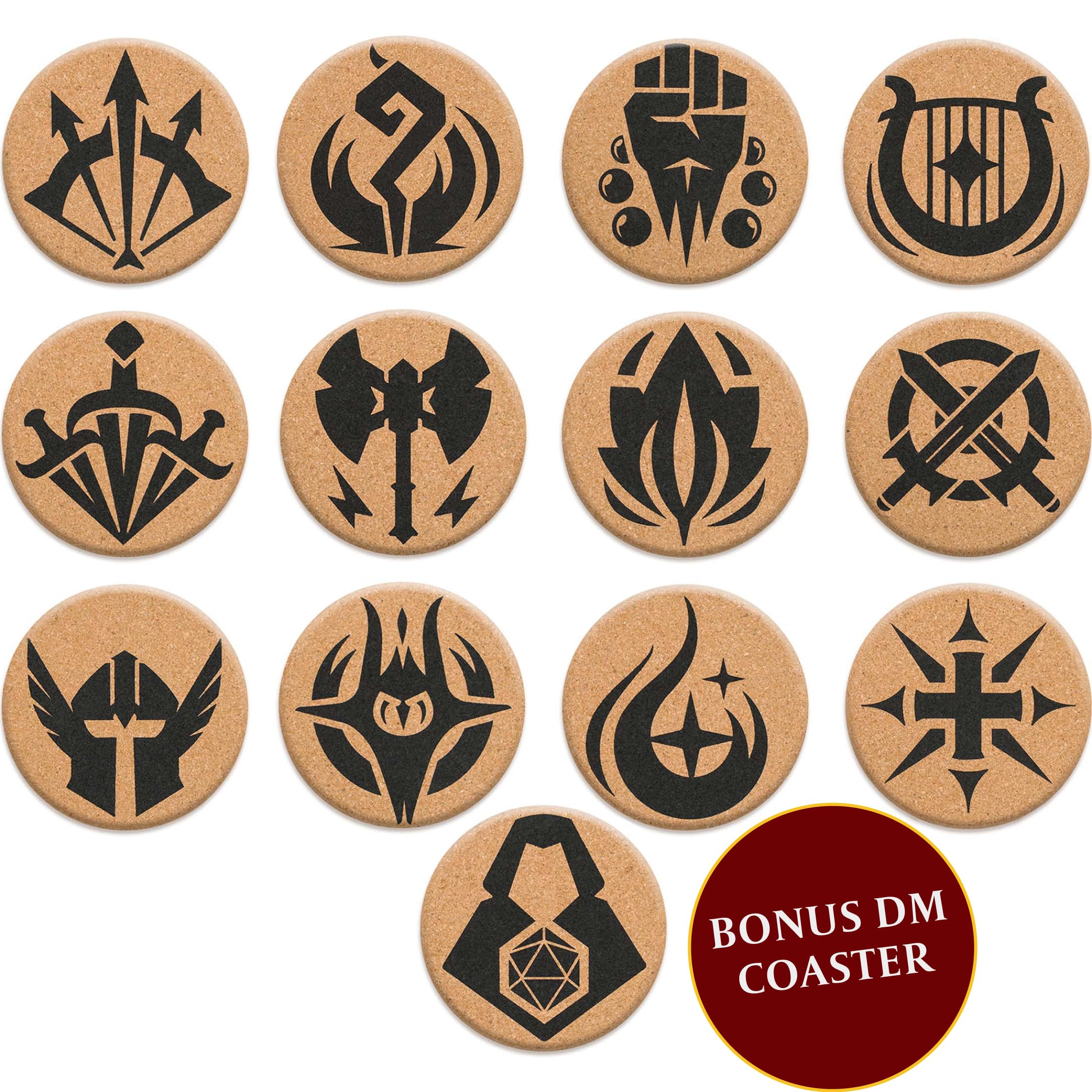 Hq Cork Dnd Coasters - Set Of 12 Class +1 Dm Icon Coasters - Great Nerdy Gift For D&D Players, Gamers, Dm, Men Or Women- Dungeon