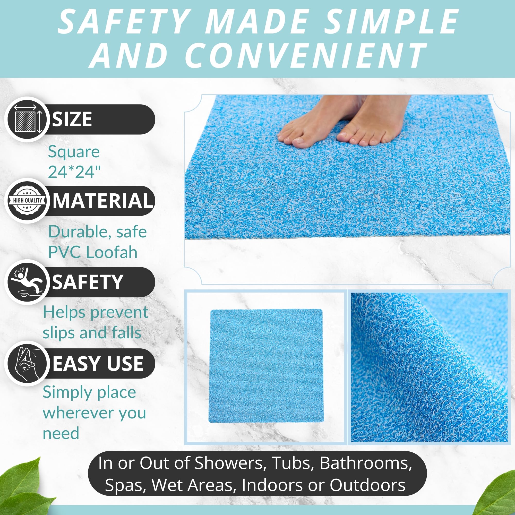 Loofah Square Shower Mat Non Slip - 24X24 Loofah Shower Mats For Showers Anti Slip - Bathroom Shower Mat - In Stall Shower Mat -