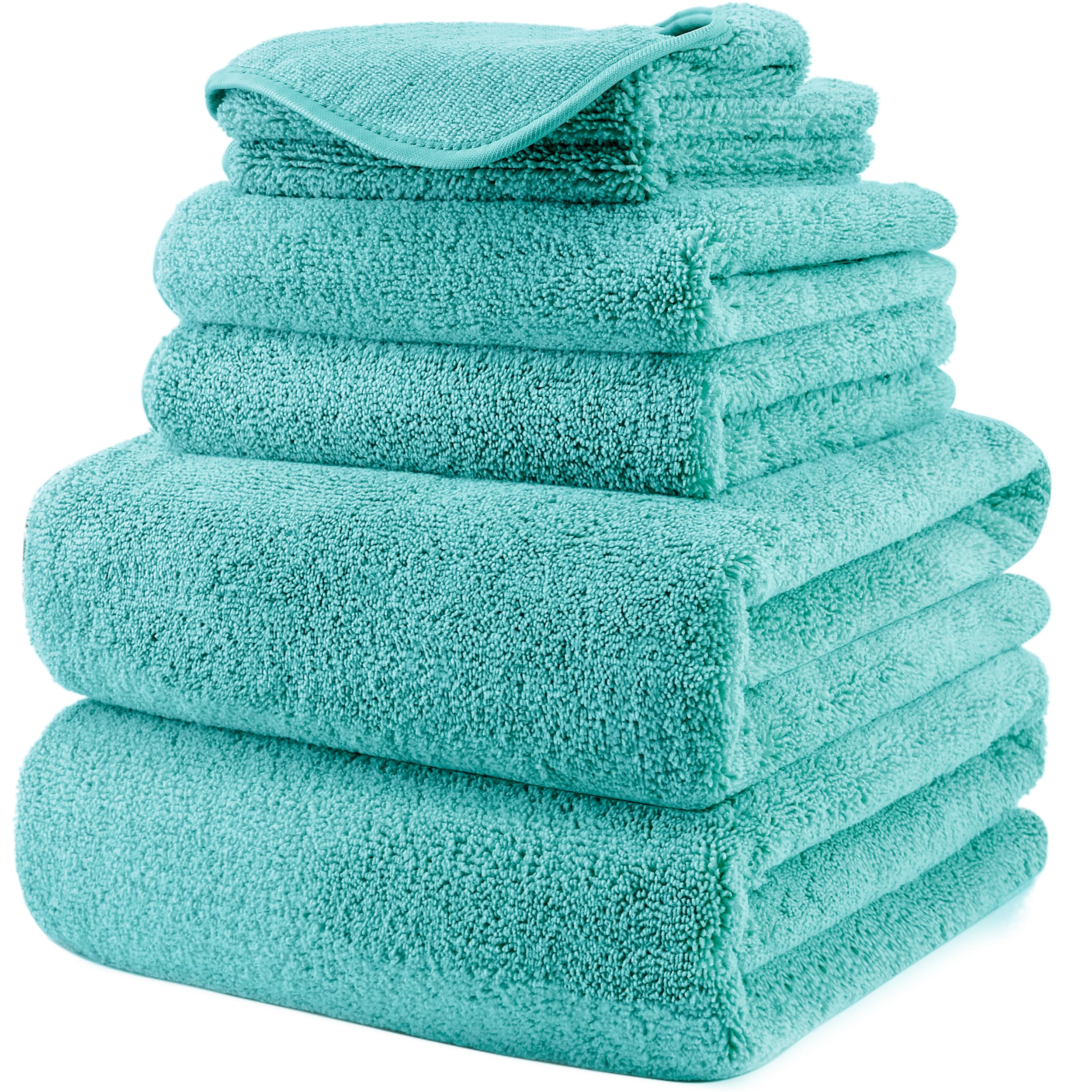 Polyte Oversize, 60 X 30 In., Quick Dry Lint Free Microfiber Bath Towel Set, 6 Piece (Aqua)