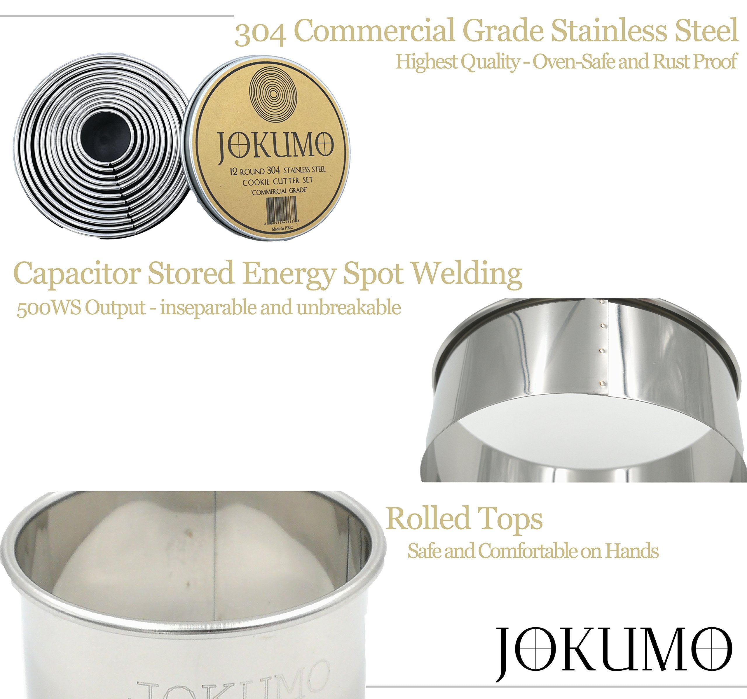 Jokumo 12 Piece Plain Round Pastry/Cookie Cutter Set Heavy Duty Commercial Grade 18/8 304 Stainless Steel - Metal Marked Size -