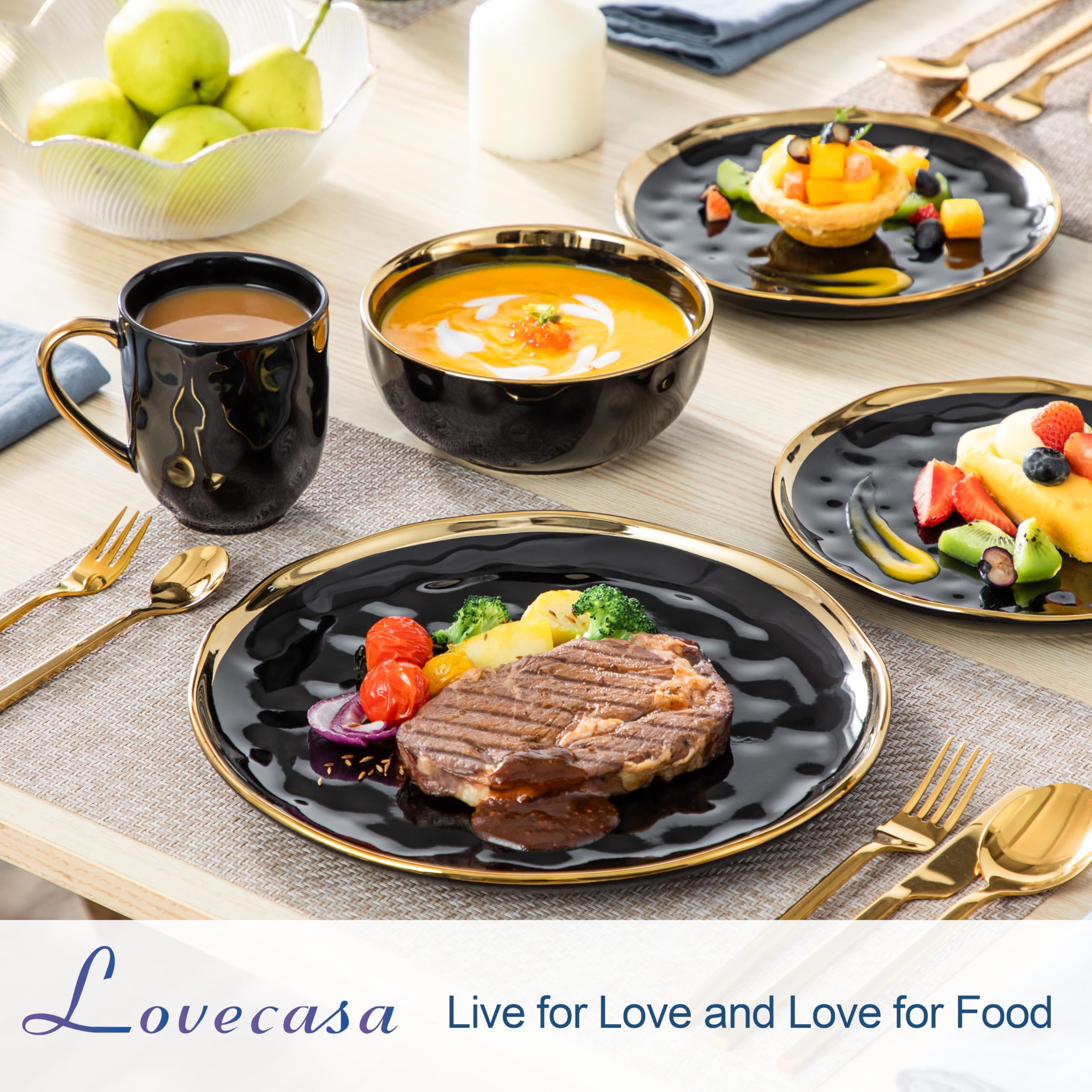 LOVECASA Black and Gold Dishes Sets, Stoneware Dinnerware Sets for 4, 16 Piece Plates and Bowls Sets, Handmade Dinnerware with G