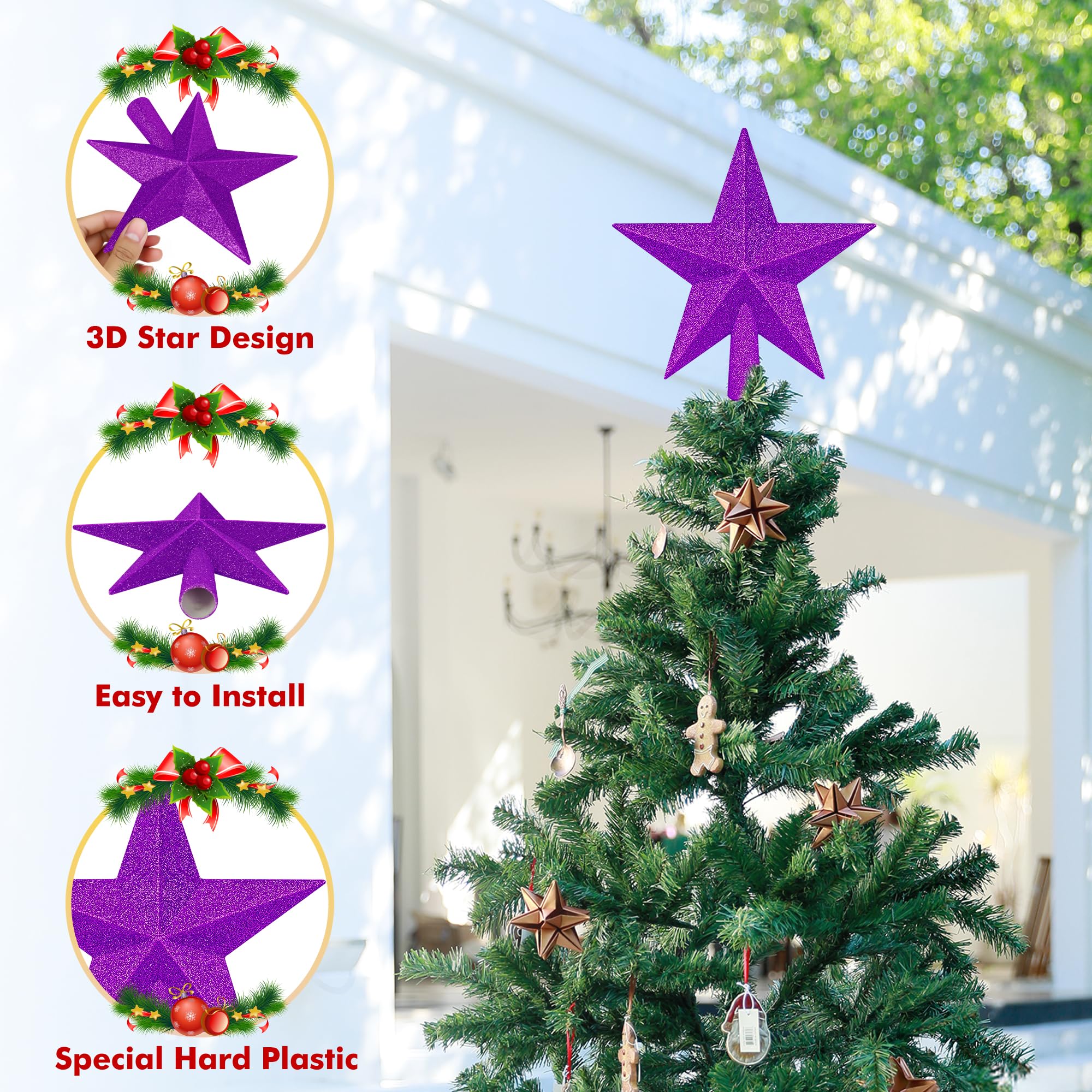 Christmas Tree Decor, 8 Purple Star Christmas Tree Topper Decorations, Xmas Glitter 3D Bethlehem Tree Ornament, Waterproof Holid