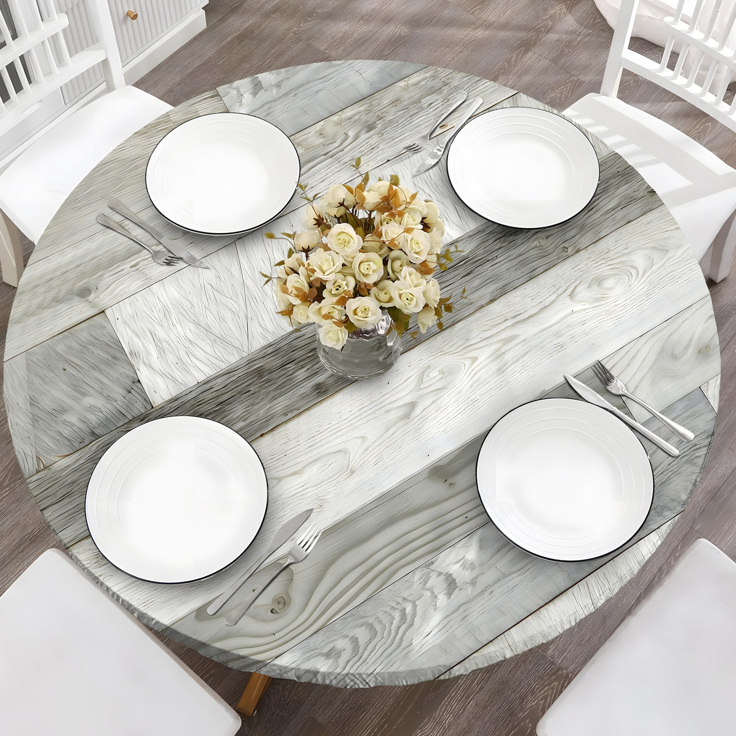 BOOWEATS Wood Grain 42 Inch Round Fitted Cloth Tablecloth with Elastic Edged, Waterproof Oil Proof Wipeable Table Cover for Indo