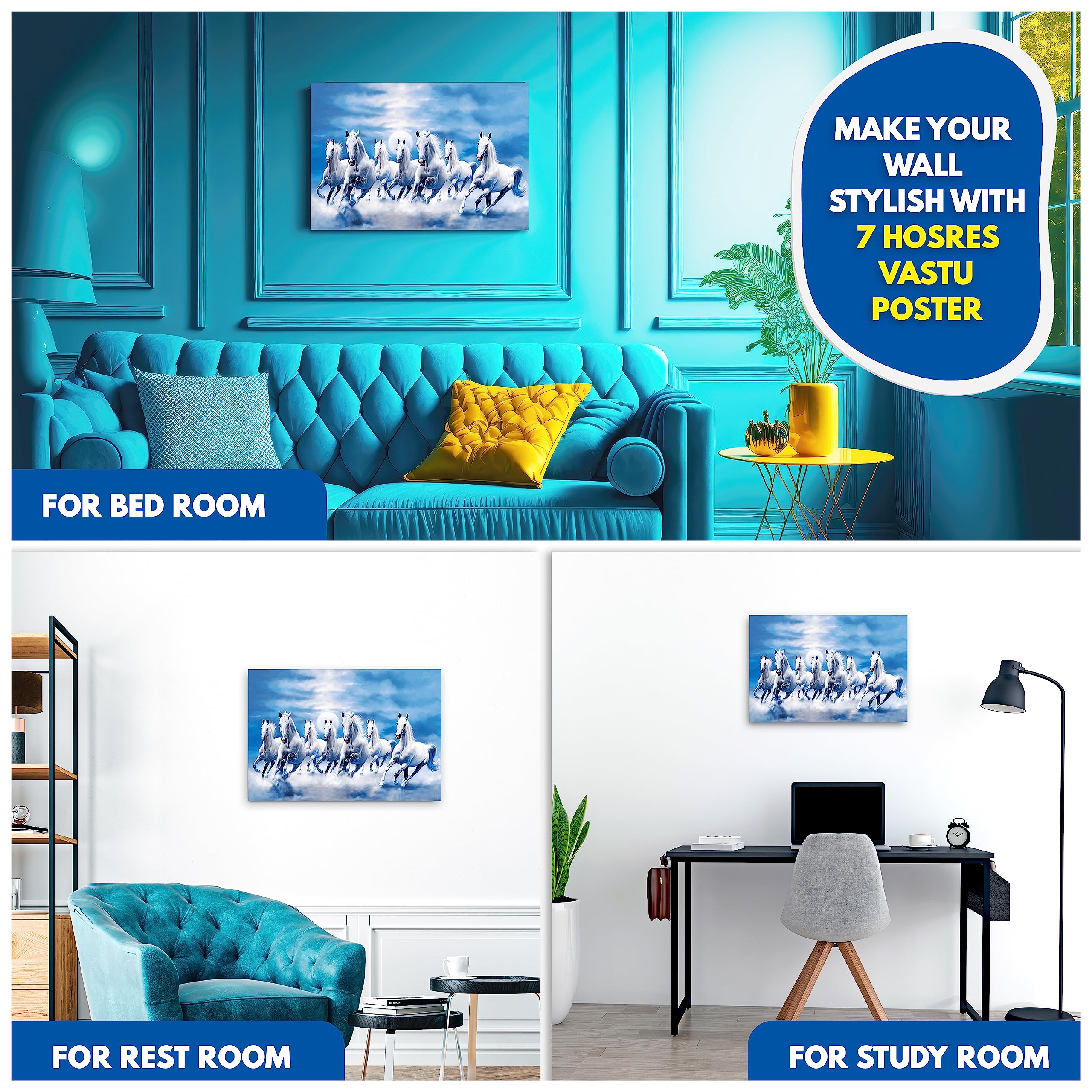 Clickedin Seven Lucky White Running Horses Painting with Blue Background According to Vastu Shastra Without frame Laminated High