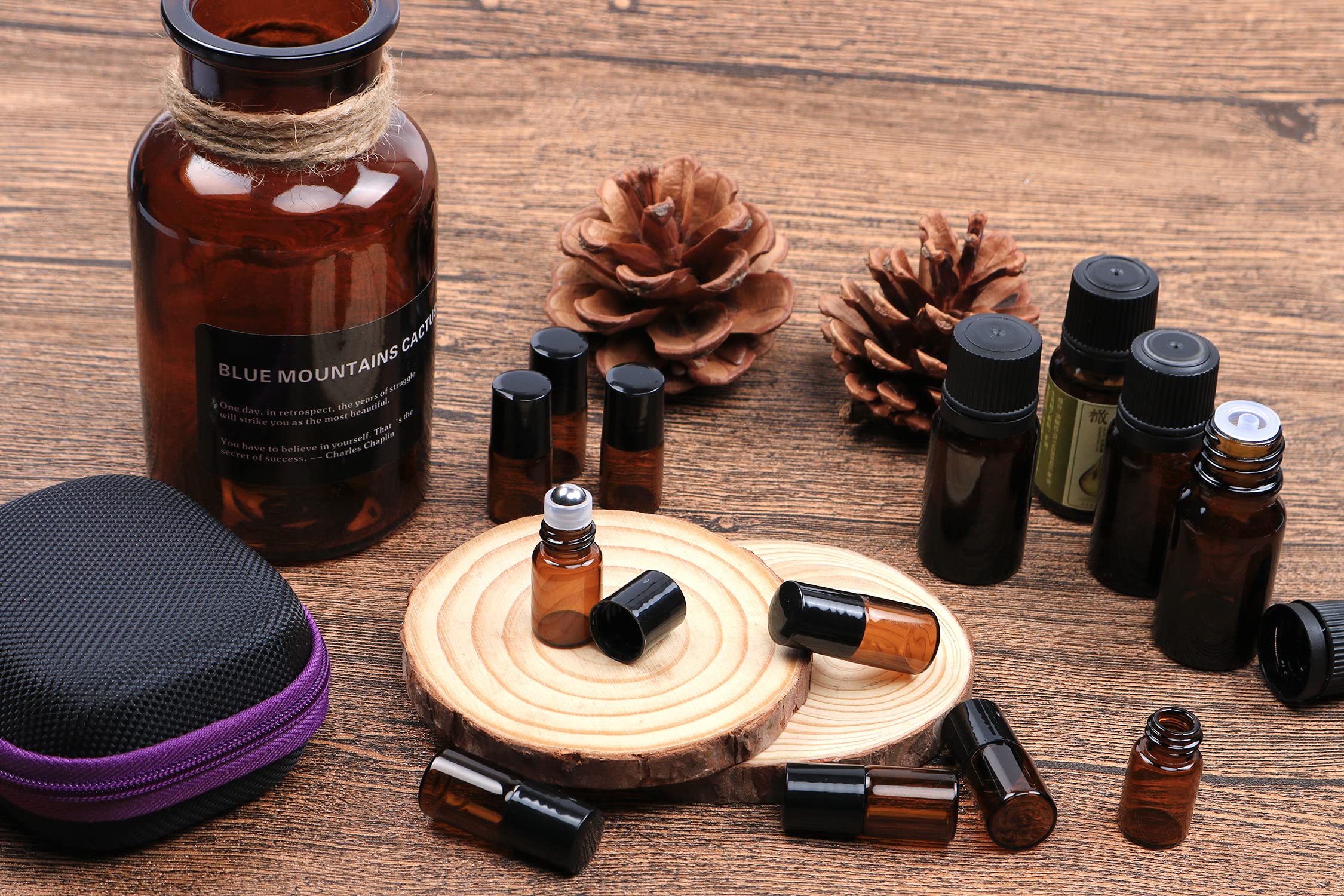 Furnido 25 Pack 2Ml Amber Glass Roll On Bottle For Essential Oils,Perfume Vial With Stainless Steel Roller Ball,Black Caps Mini