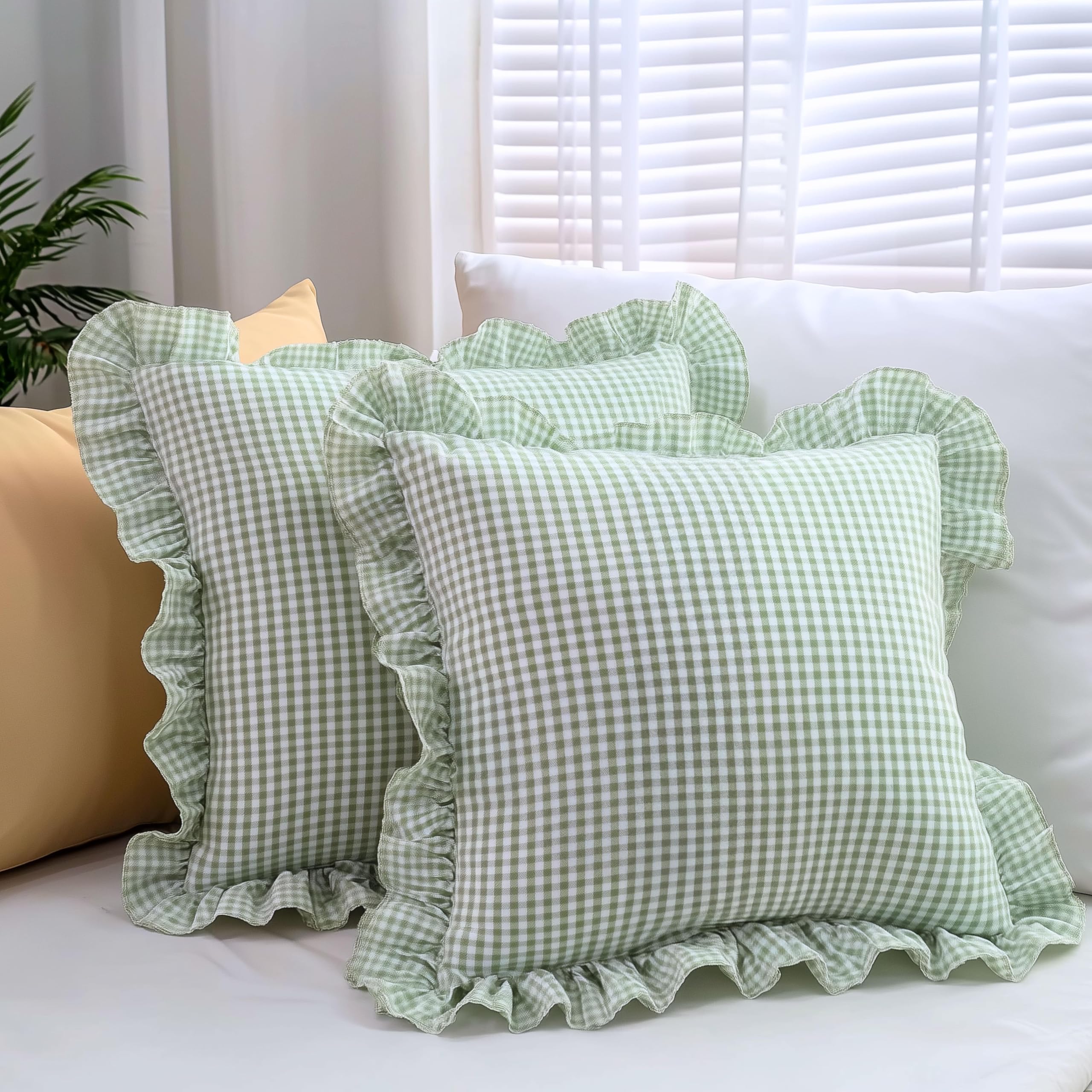 Sleepy Threads Cushion Covers - Pack Of 3 |16X16 Inches | Sage Green Checkered Design With Frill Borders & Envelope Closure | De