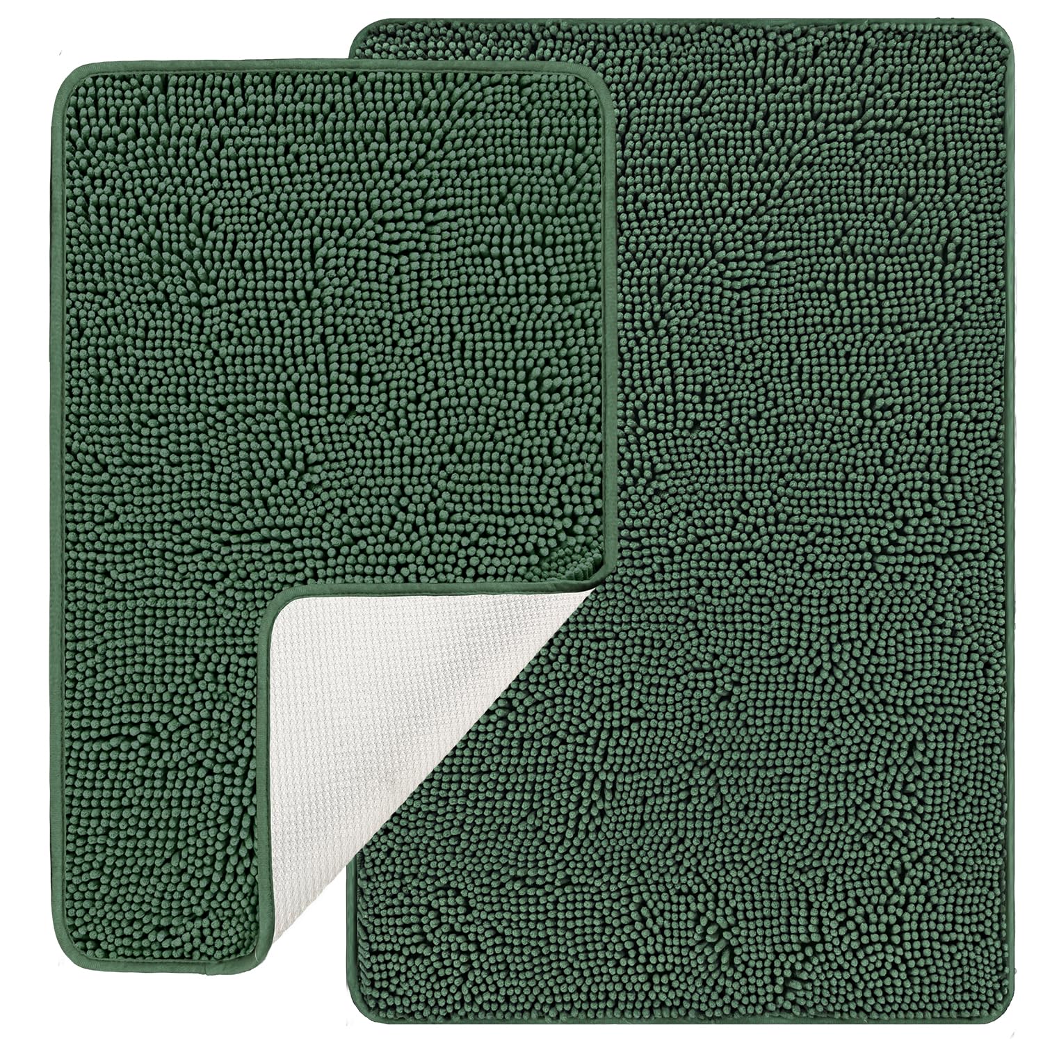 Pureswan Dark Green Bathroom Rugs Sets 2 Piece - Absorbent And Washable Bath Mat, Non-Slip, Thick Soft Chenille Bath Rugs For Ba