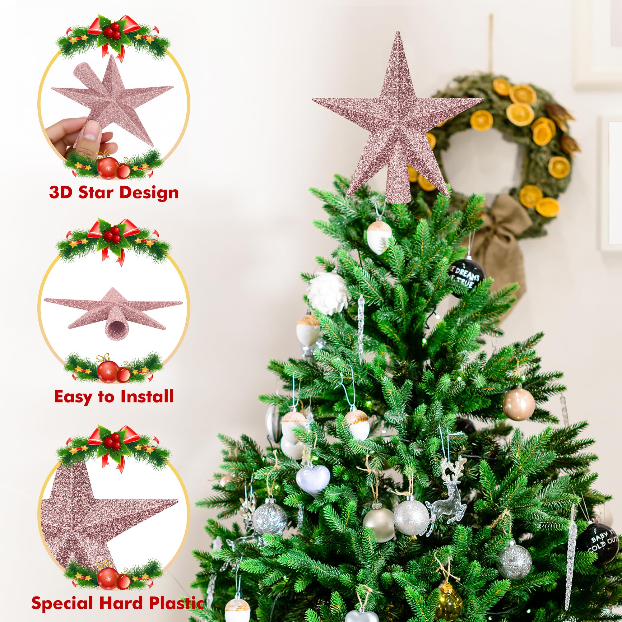 1PCS Tree Topper Star, 4 Rose Gold Christmas Tree Topper Decorations, 3D Glitter Mini Bethlehem Star Shatterproof Tree Decor, Wa