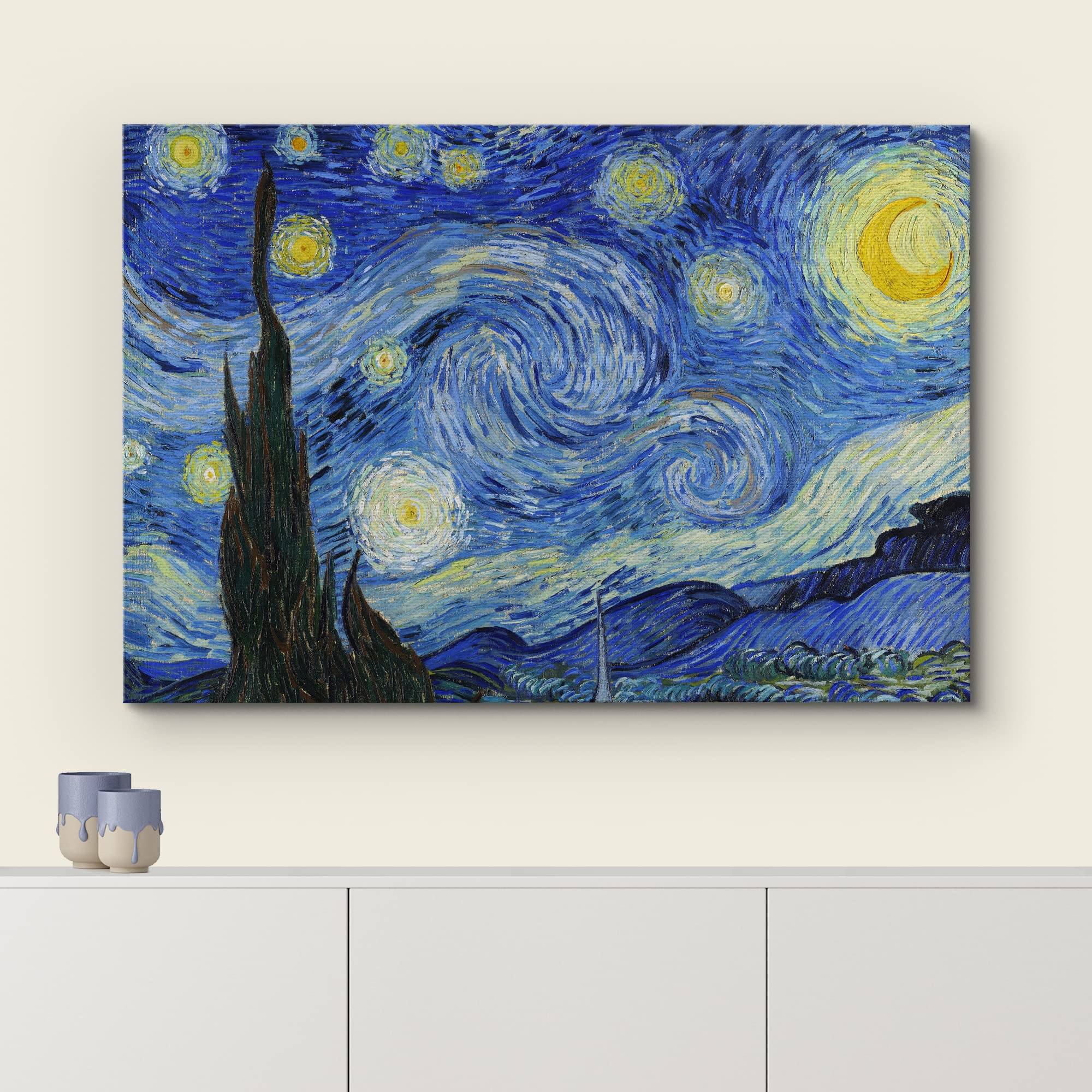 Wall26 - Starry Night By Vincent Van Gogh - Framed Canvas Art Wall Art - 16''X24'' Black