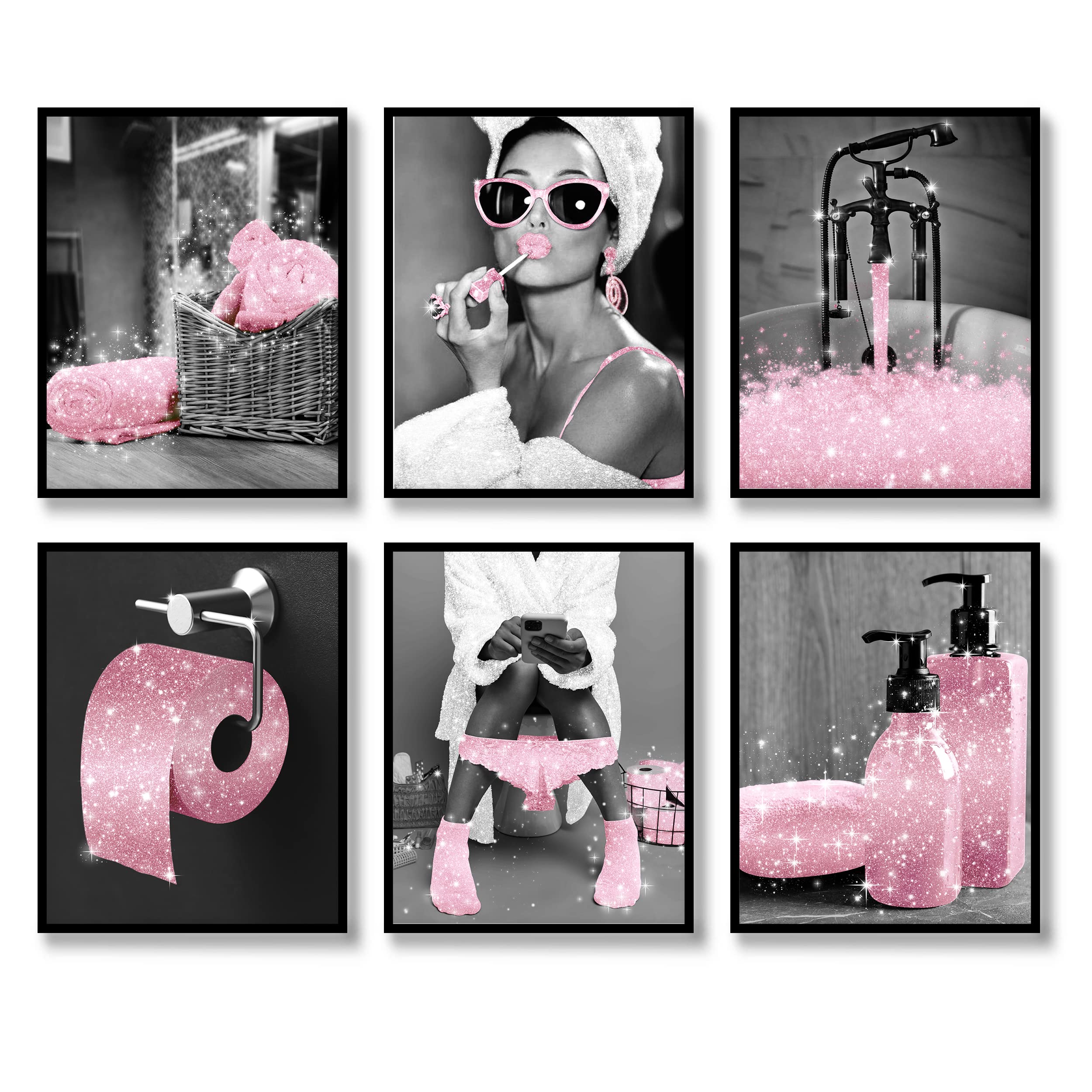 Luodroduo Fashion Wall Art Decor Prints Set Of 6 Black And White Pink Glam Glitter Canvas Posters Pictures Photos Artwork Wall M