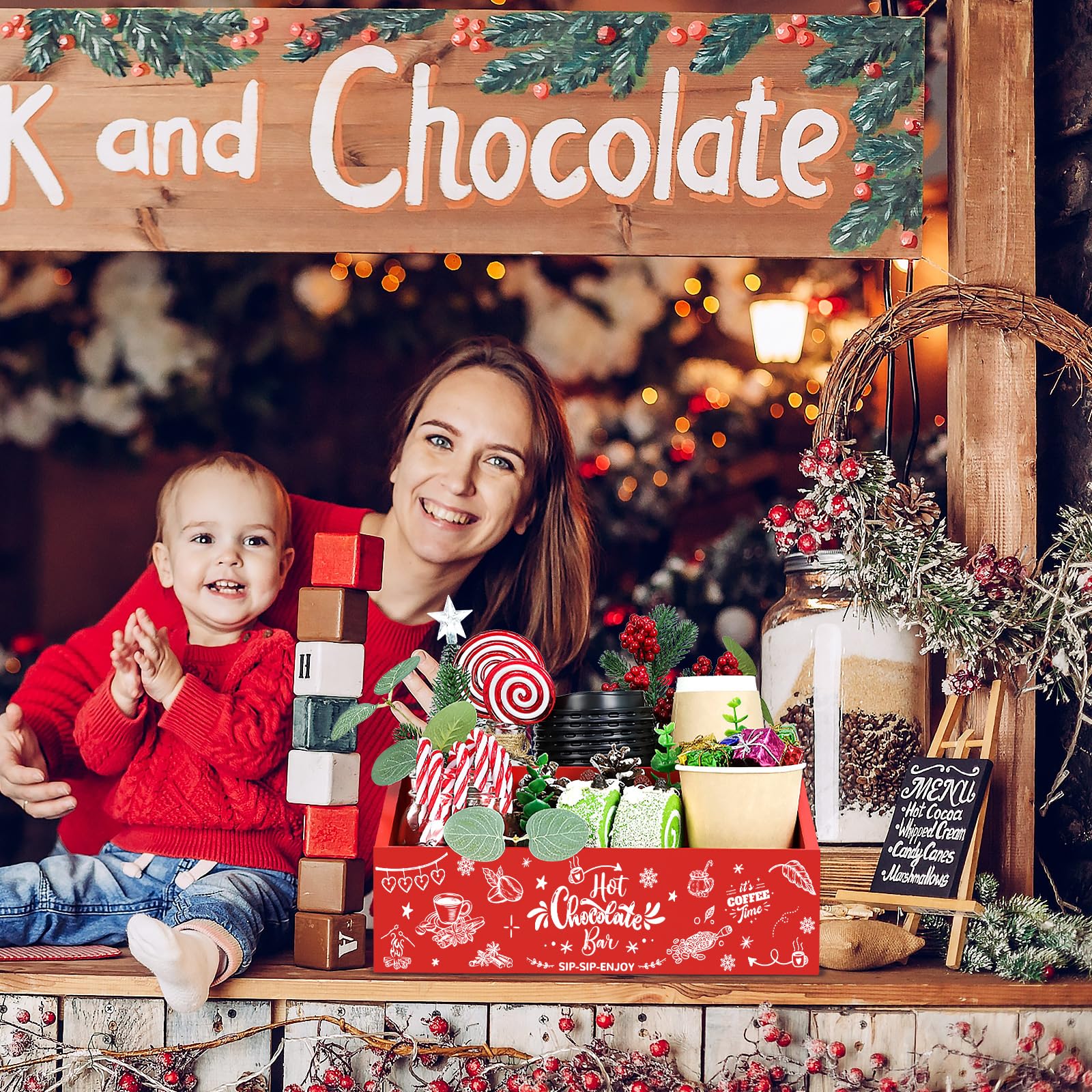 QIKSION 2 Pcs Christmas Hot Cocoa Bar Wood Storage Box Hot Chocolate Decorative Box Double Layer Wooden Storage Bins for Home Ki