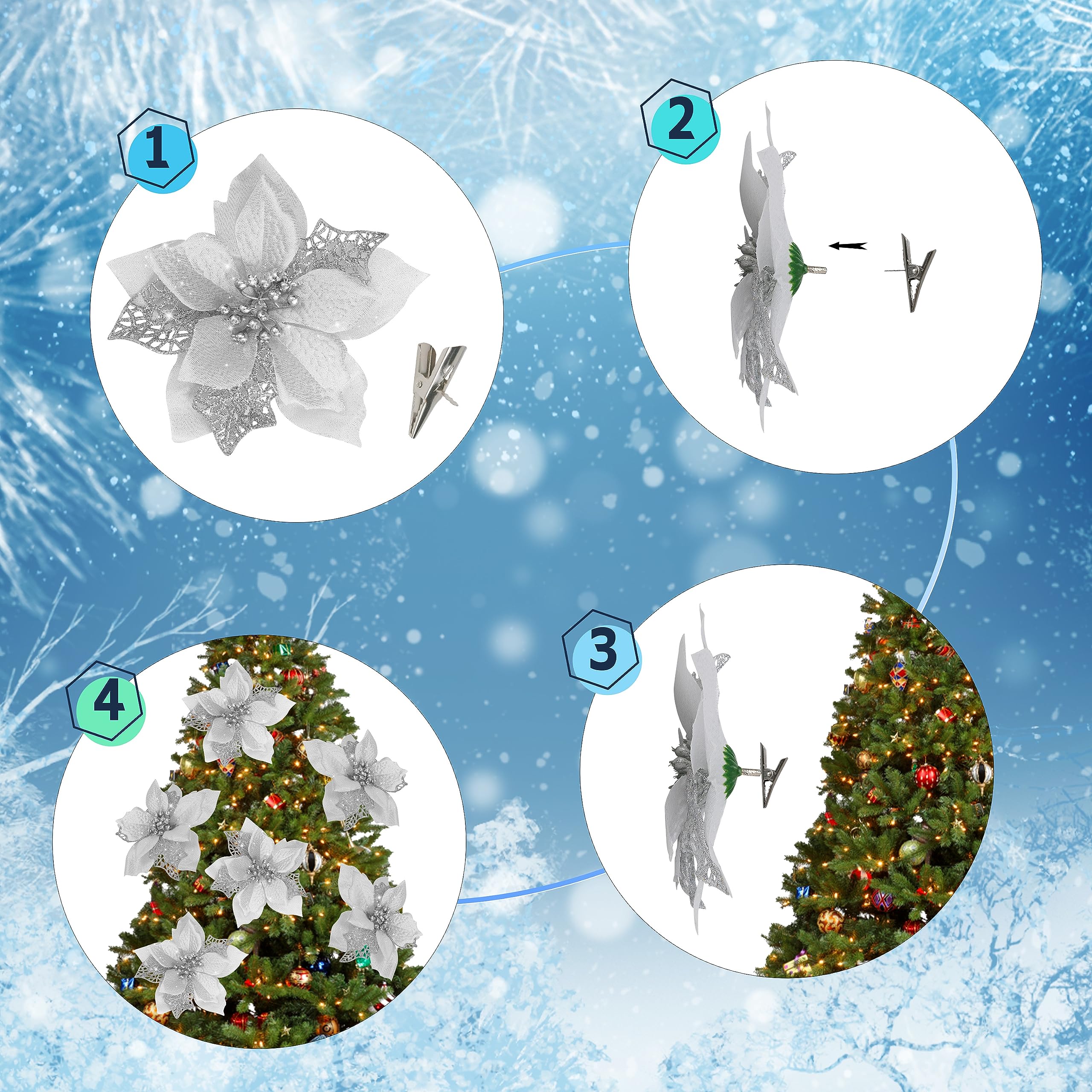 Childom 12 PCS Poinsettia Flower Artificial Poinsettia Christmas Decoration 5.9 Silver Glitter Poinsettias Christmas Ornaments