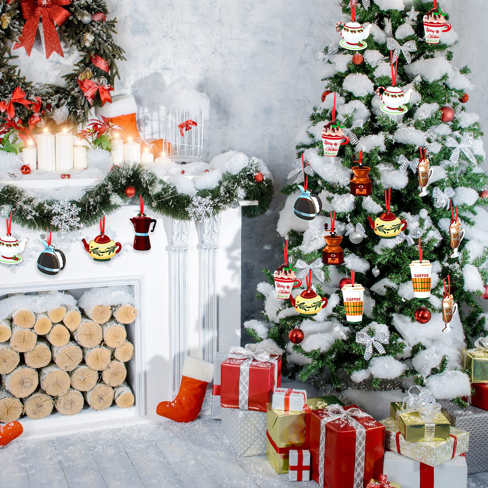 12 Pieces Christmas Coffee Cup and Tea Hanging Wood Cutouts Decoration Ornament for Xmas Tree Party Holiday Home Decor (Cups Sty