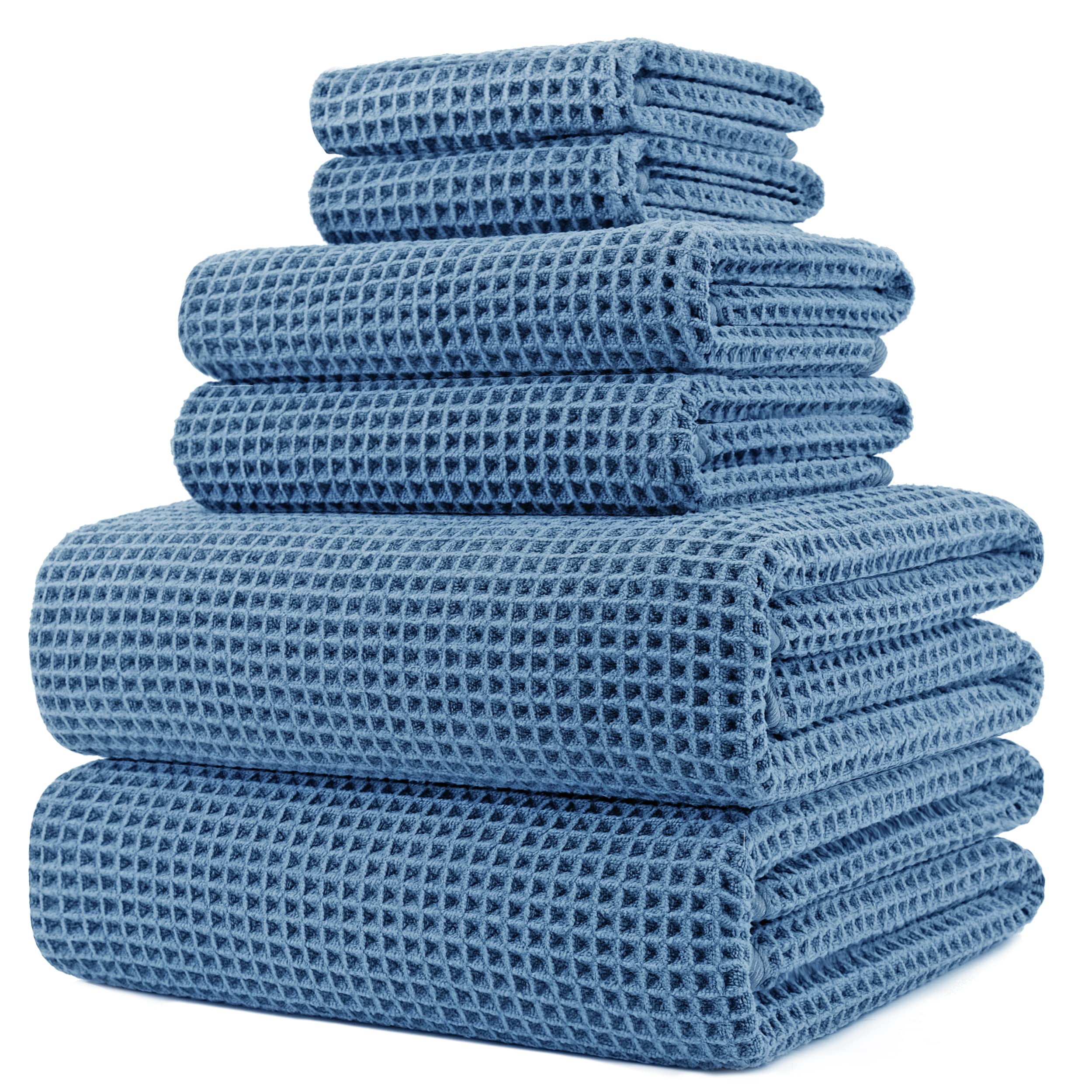 Polyte Oversize, 60 X 30 In., Quick Dry Lint Free Microfiber Bath Towel Set, 6 Piece (Blue, Waffle Weave)