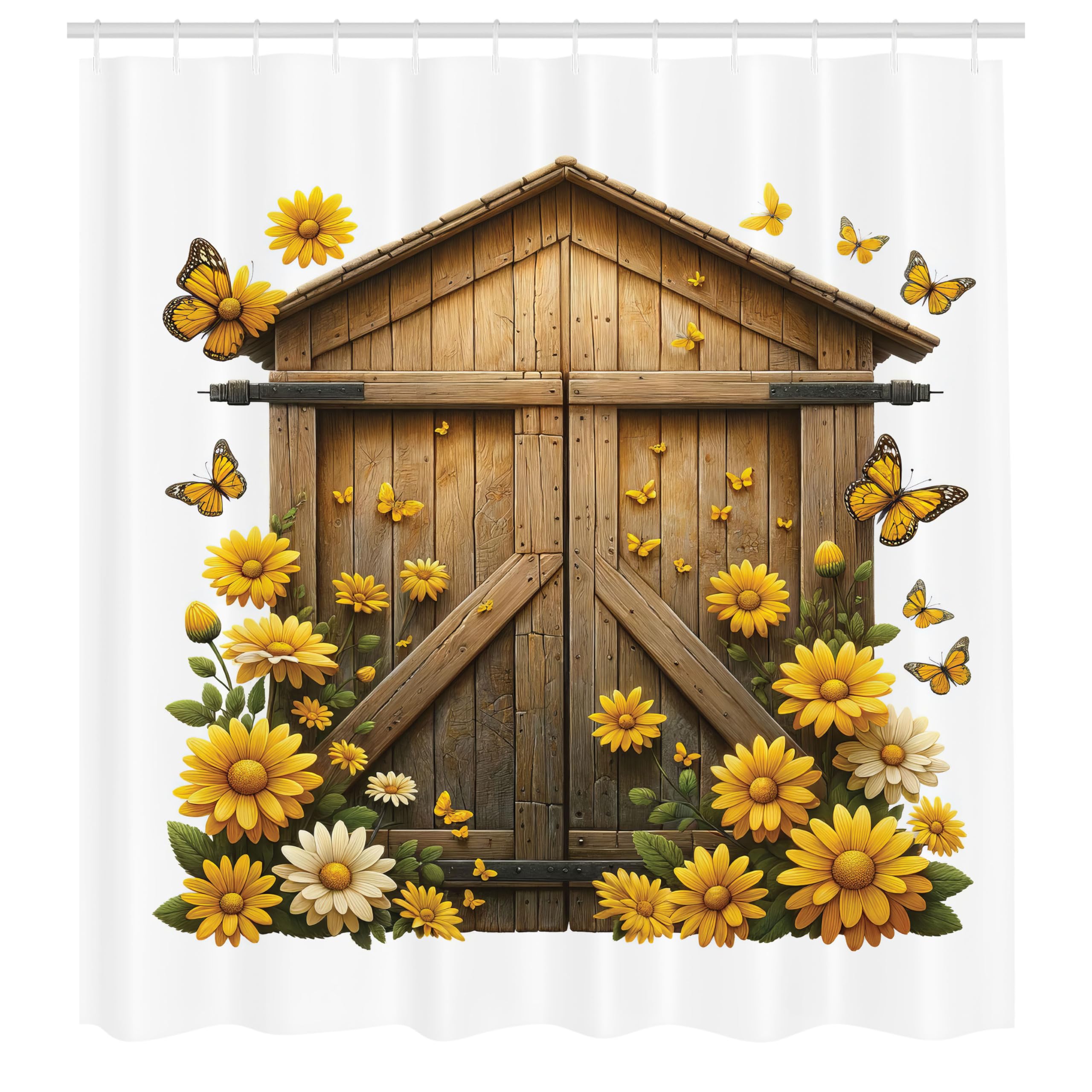 Ambesonne Rustic Shower Curtain, Farmhouse Lover Countryside Wooden Barn Cottage Summer Flowers Butterfly, Cloth Fabric Bathroom
