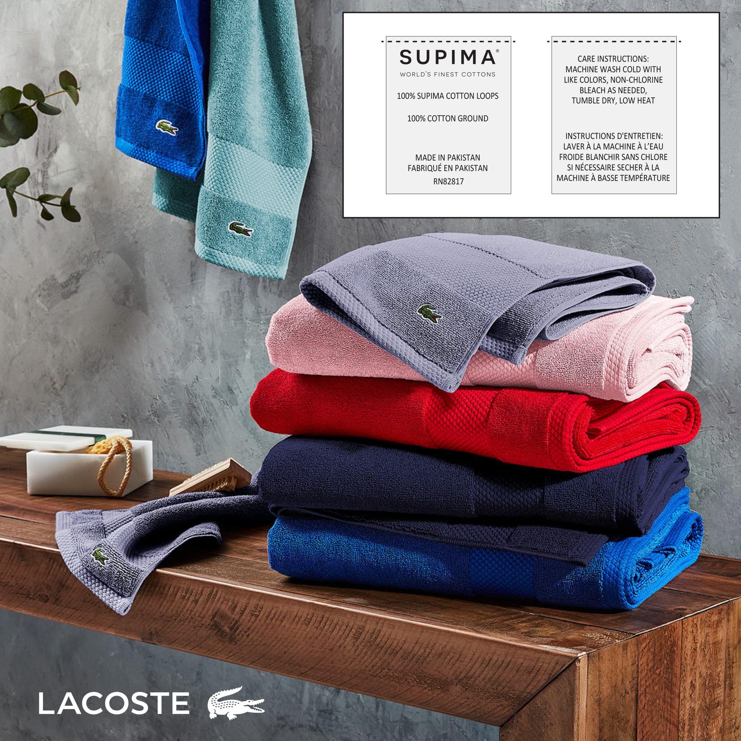 Lacoste Heritage Supima Cotton Hand Towel, Aloe, 16'' X 30''