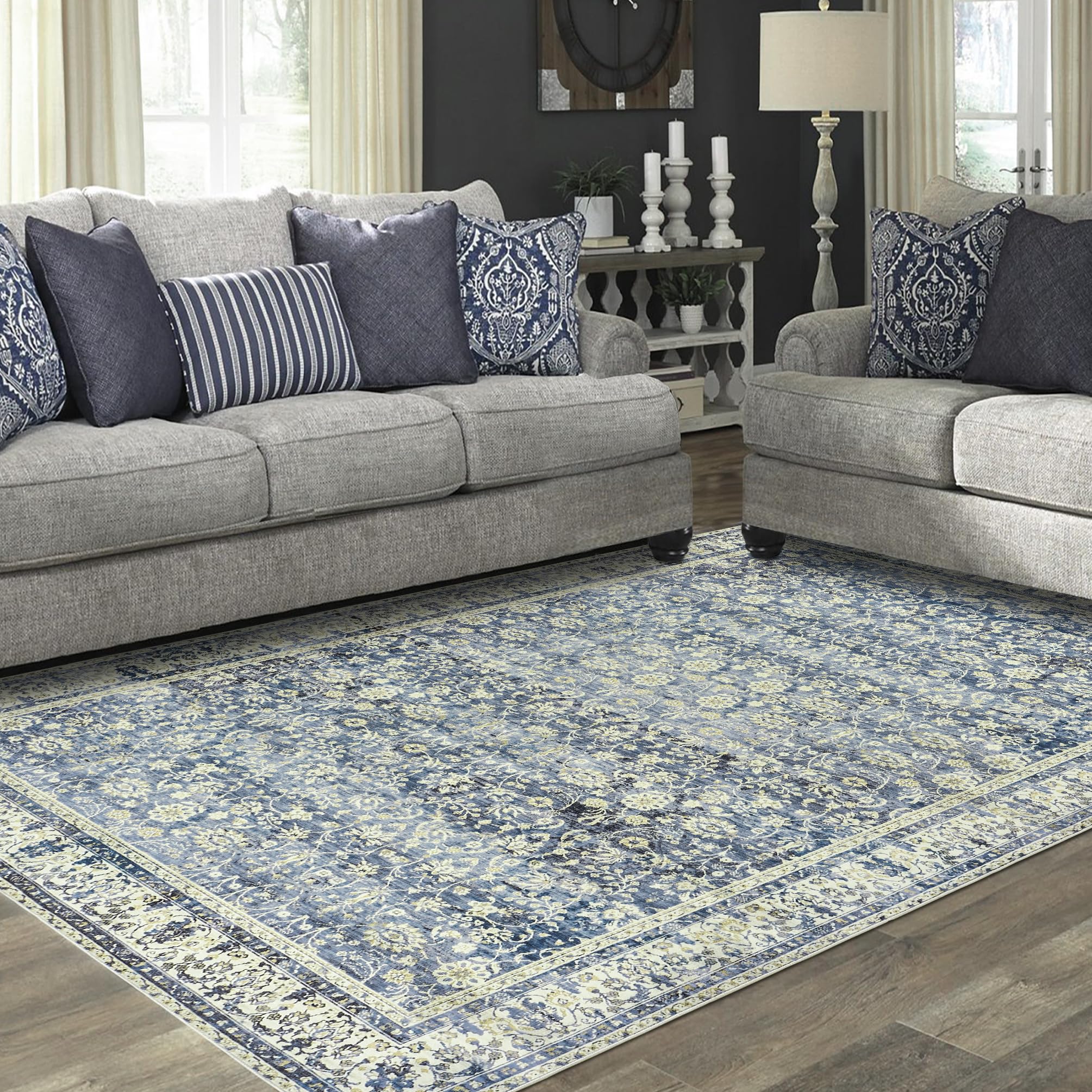 Blue Area Rug for Living Room 8x10 Washable Vintage Farmhouse Big Large Boho Distressed Carpet Rugs for Bedroom,Light Blue and C