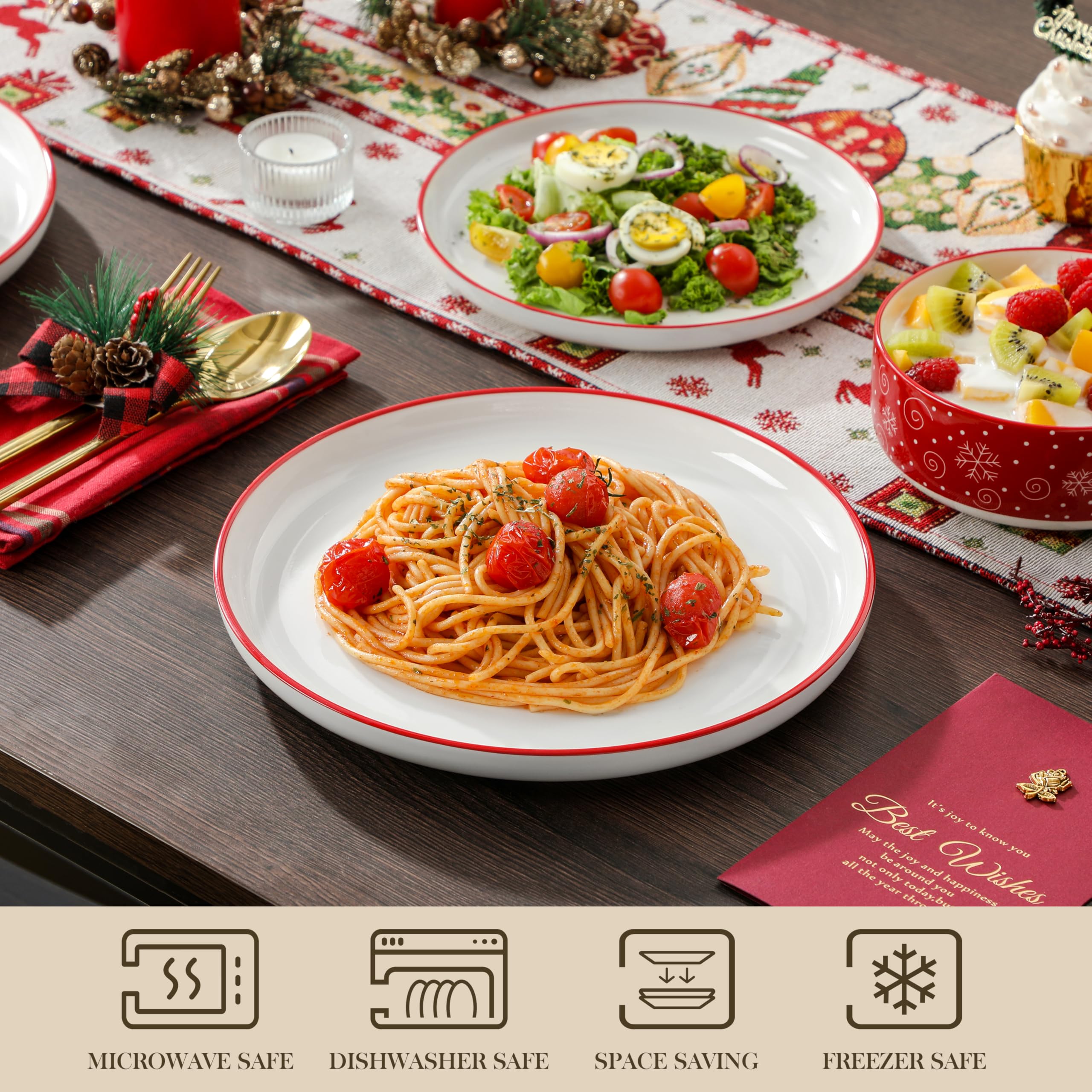 MALACASA Plates and Bowls Sets, 24 Pieces Christmas Porcelain Dinnerware Set for 8, Ceramic Dishware Dishes Kitchen Dining Ware