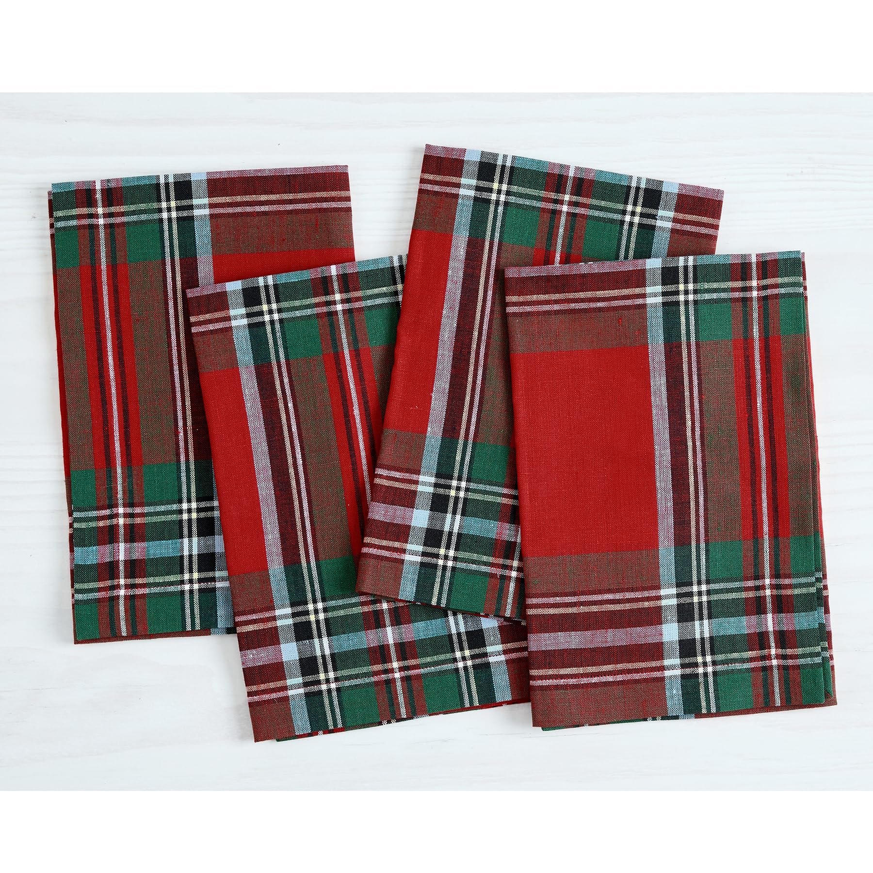 Solino Home Linen Dinner Napkins Set Of 4-100% Pure Linen Red Madras Holiday Plaid Napkins 20 X 20 Inch - Handcrafted And Machin
