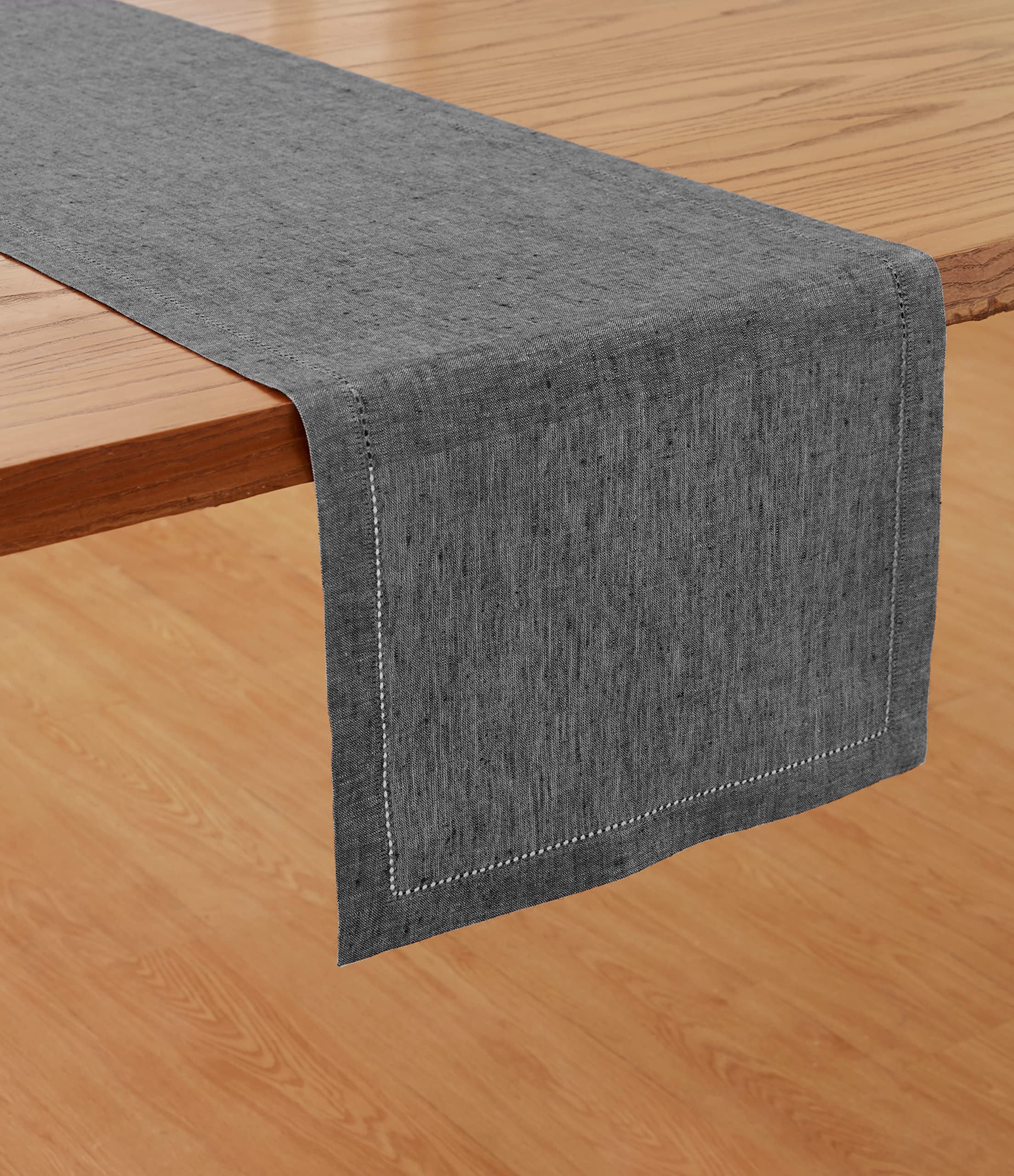 Solino Home Hemstitch Linen Table Runner Charcoal Grey - 100% Pure Linen 14 X 108 Inch Long Table Runner For Spring, Summer -
