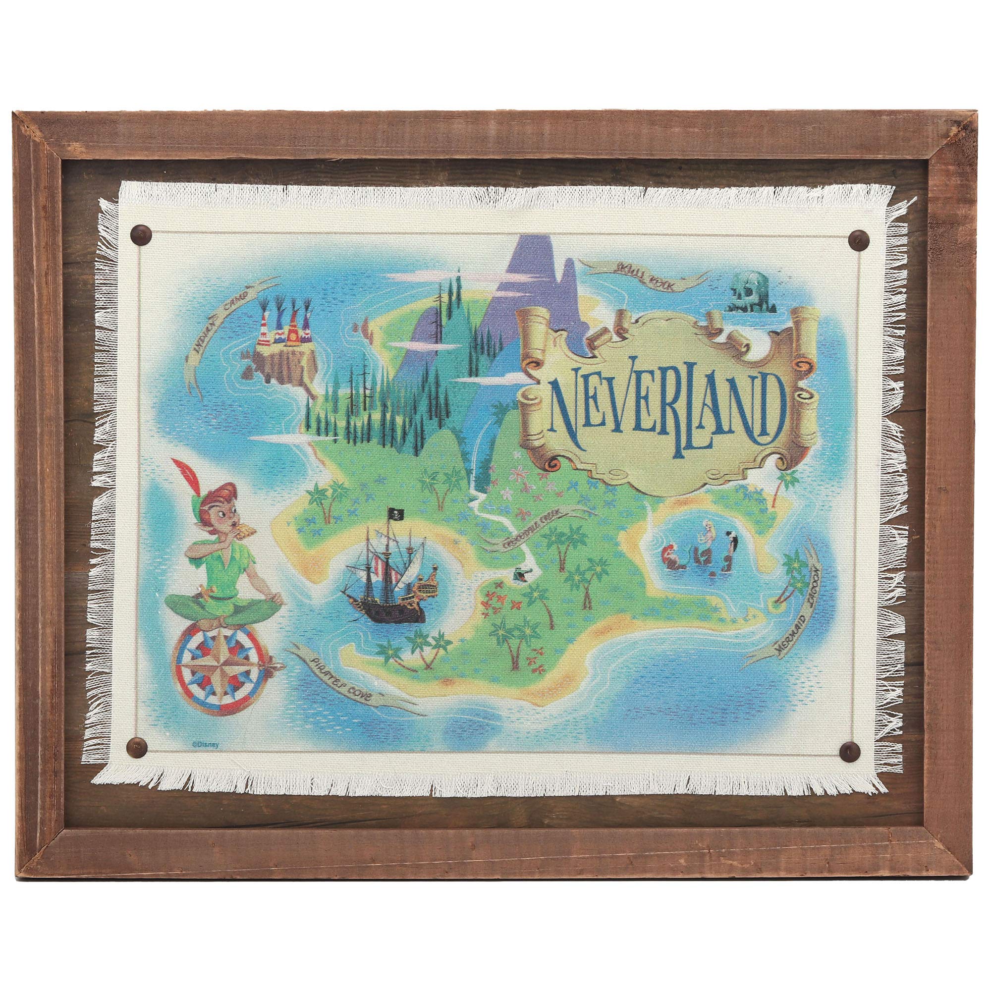 Disney Peter Pan Neverland Map Framed Wood Wall Decor - Vintage Peter Pan Wall Art For Home Decorating