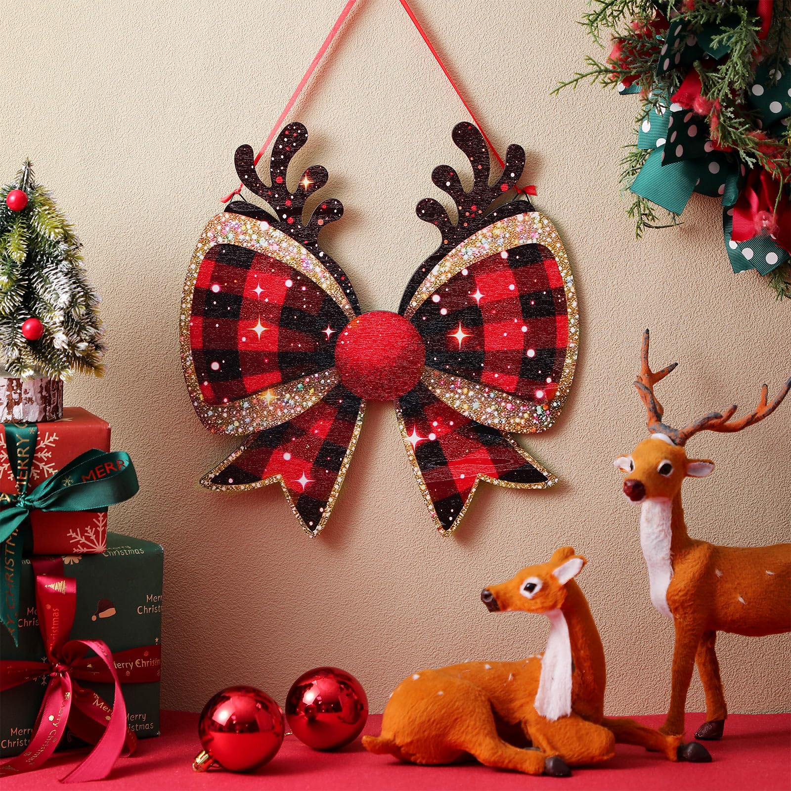 RattanView Christmas Bow Wooden Hanging Sign Red Plaid Reindeer Bow Wall Hanging Hanger Cute Preppy Wall Art Bowknot Welcome Doo
