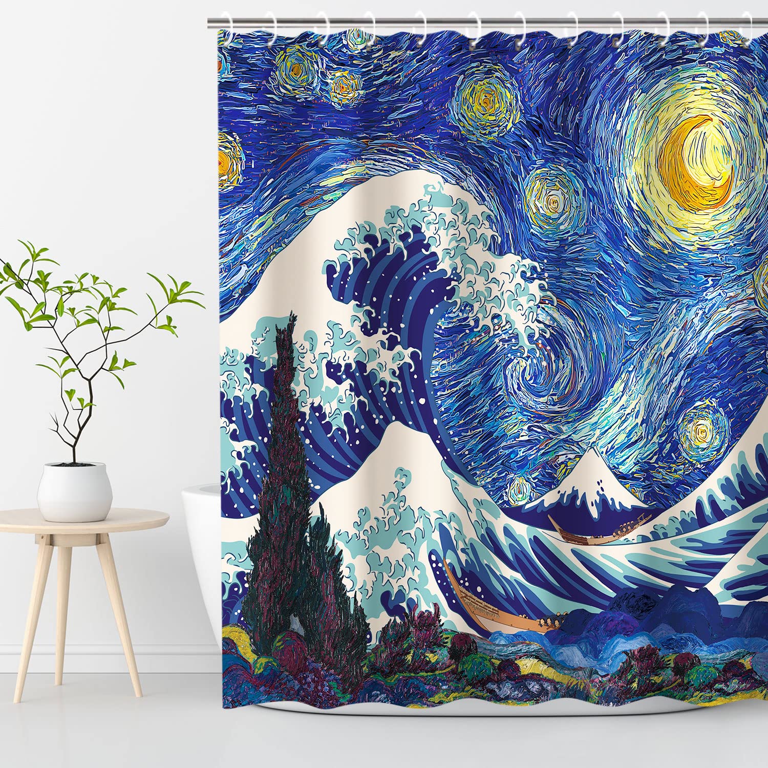 Rosielily Japanese Shower Curtain Wave Shower Curtain, Starry Night Shower Curtains Set With 12 Hooks, Waterproof Van Gogh Showe