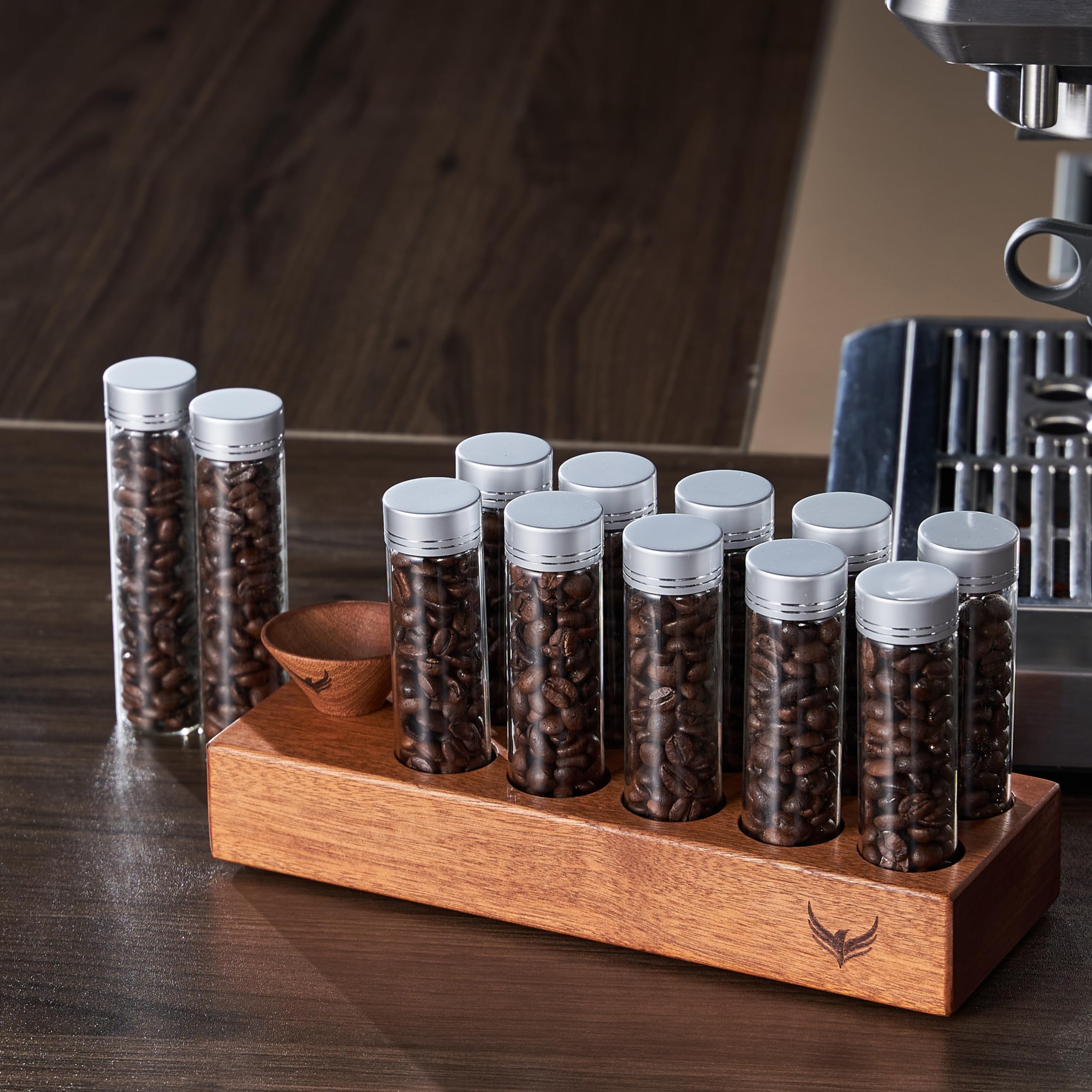 Single Dose Coffee Bean Storage Tubes Knodos Coffee Bean Cellar 10 Pcs Dosing Glass Vials With Lids (2 Oz) Wooden Display Stand