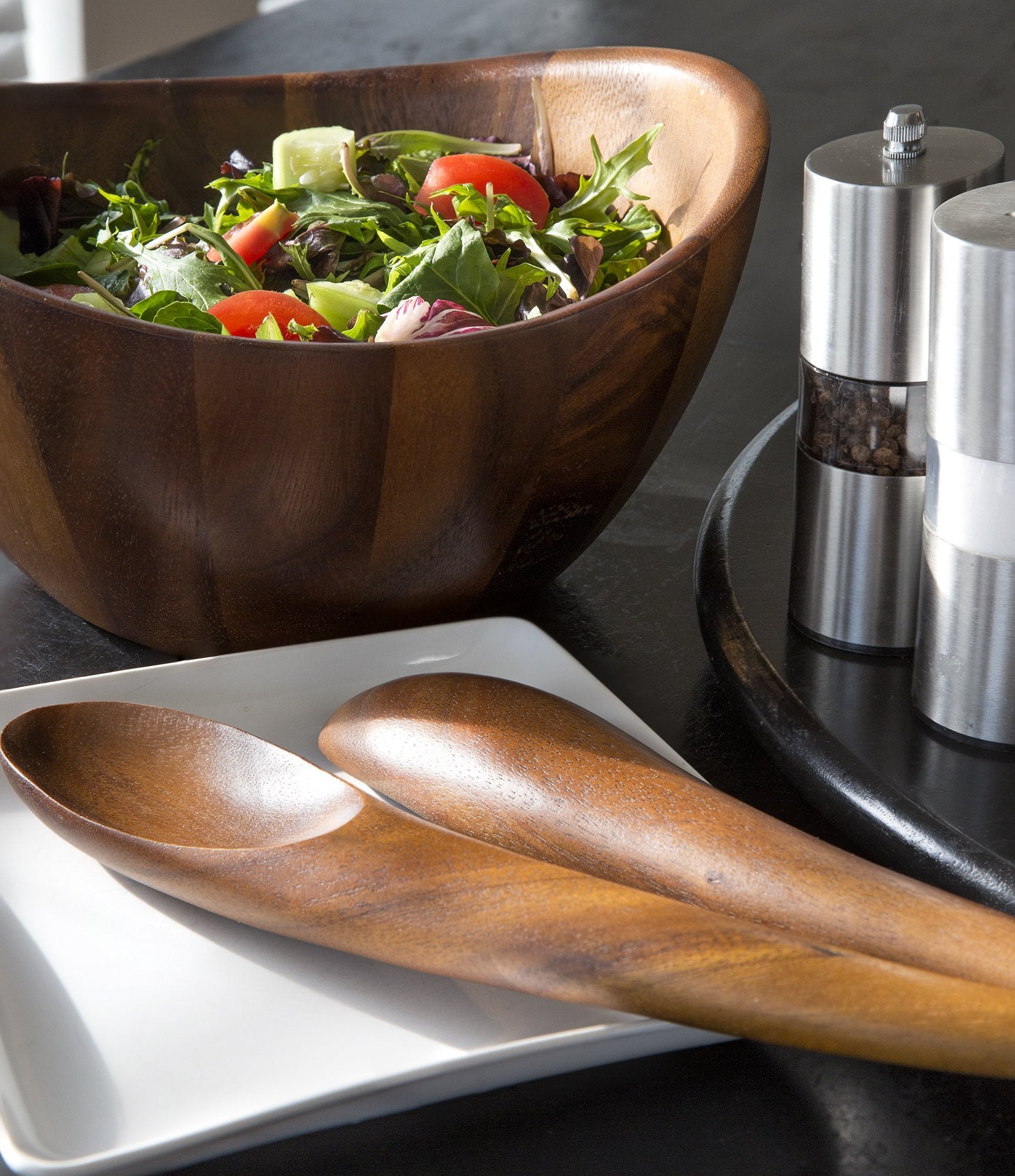 Nambe Gourmet Harmony 3 Piece Wooden Salad Bowl Set | Big 12-Inch Salad Bowl With Serving Utensils | Acacia Wood Salad Tosser An