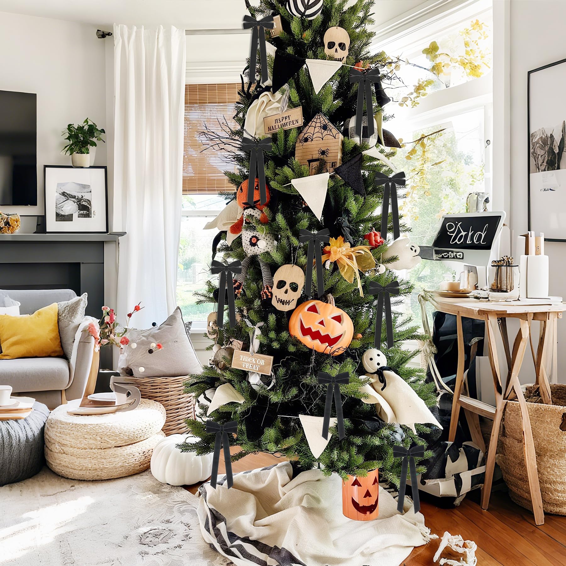12Pcs Black Velvet Ribbon Bows Halloween Tree Decorations,5in x 10in Christmas Ornaments for Tree Home Party Front Door Wreath H