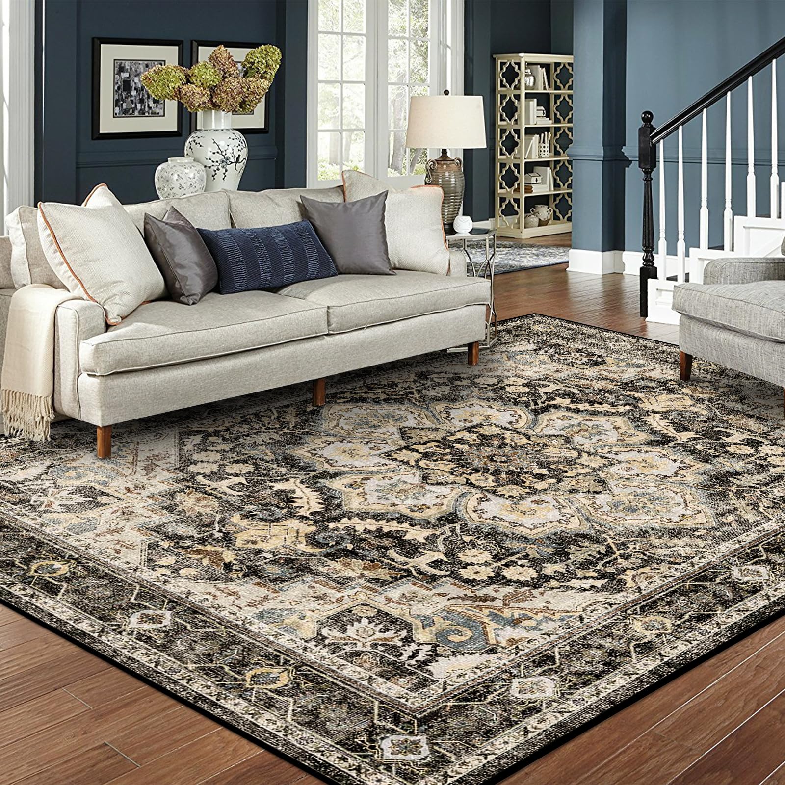 TOPRUUG Washable Oriental Area Rug - 8x10 Rugs for Living Room Soft Carpet for Bedroom Waterproof Floral Distressed Indoor Stain