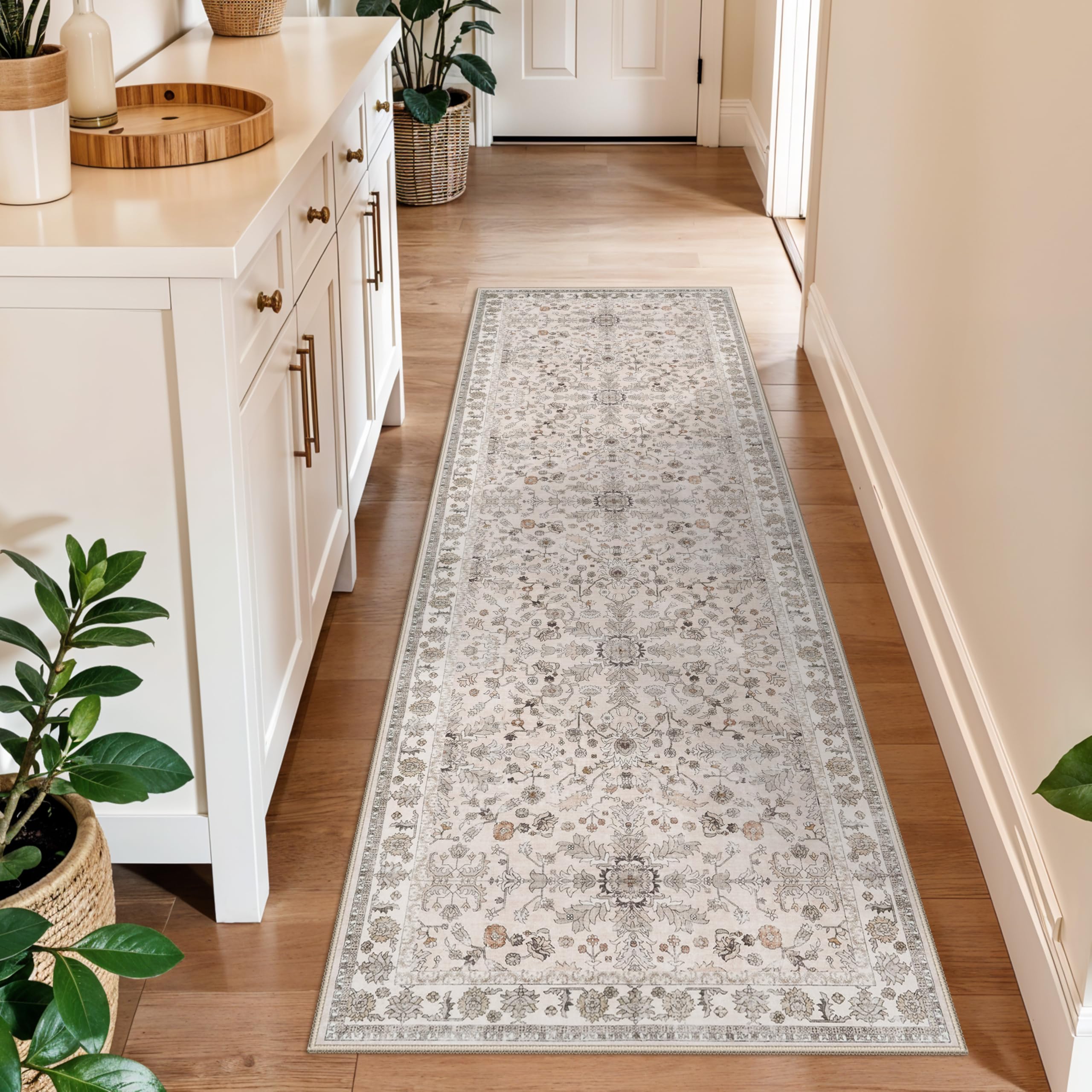 2x6 Washable Kitchen Runner Rug - Boho Vintage Non-Slip Carpet Runner for Hallway, Entryway, Bedroom & Bathroom - Soft Low-Pile 