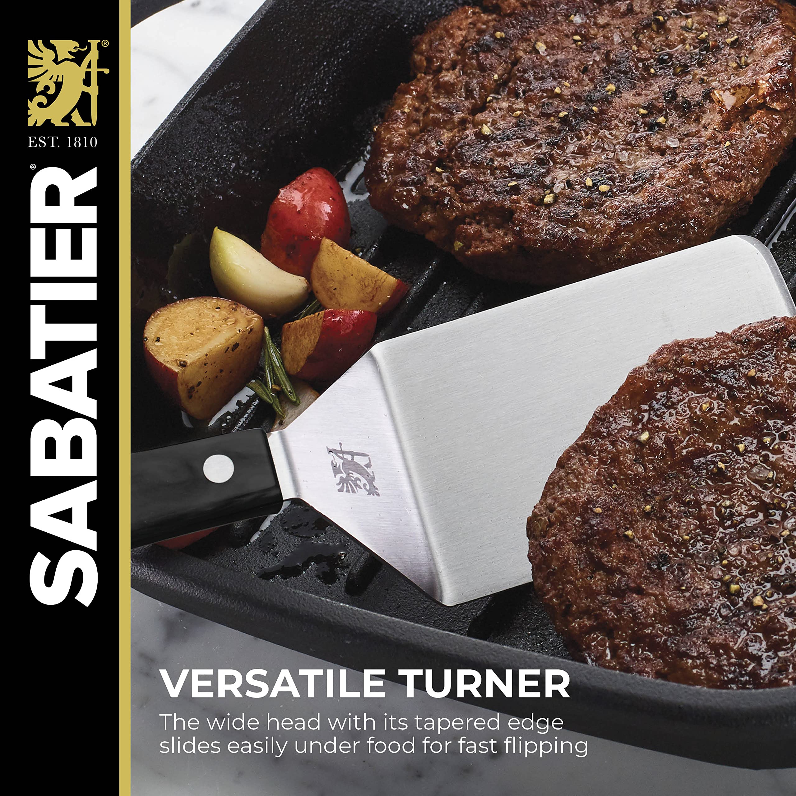 Sabatier Triple Rivet Wide Turner, 9.625" Stainless Steel Spatula, Black, Professional Grade for Cast Iron, Griddle & Grill Cooking