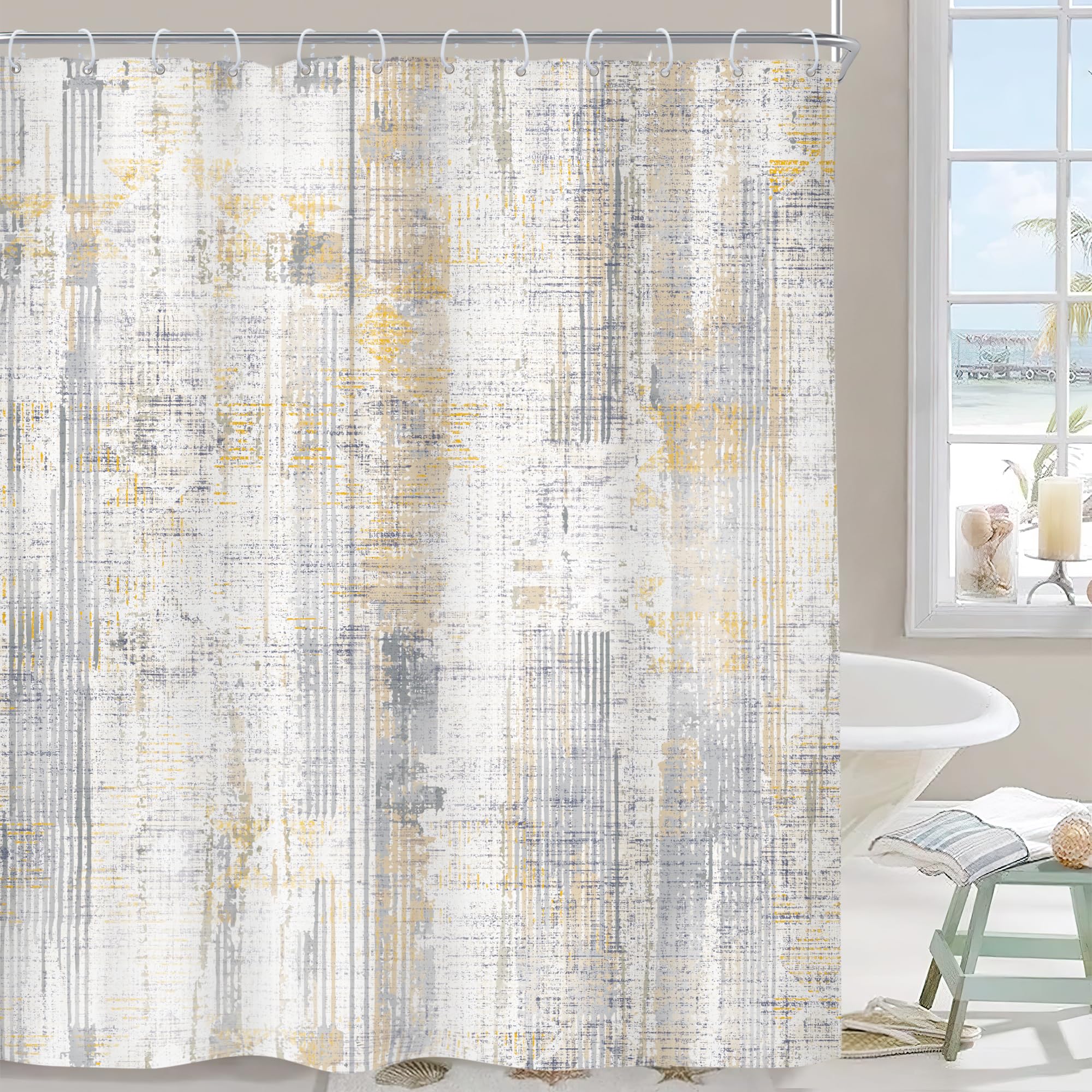 Riyidecor Abstract Blue Brown Grey Shower Curtain Modern Simple Lines Minimalist Geometric 60Wx72H Inch Aesthetic Contemporary N