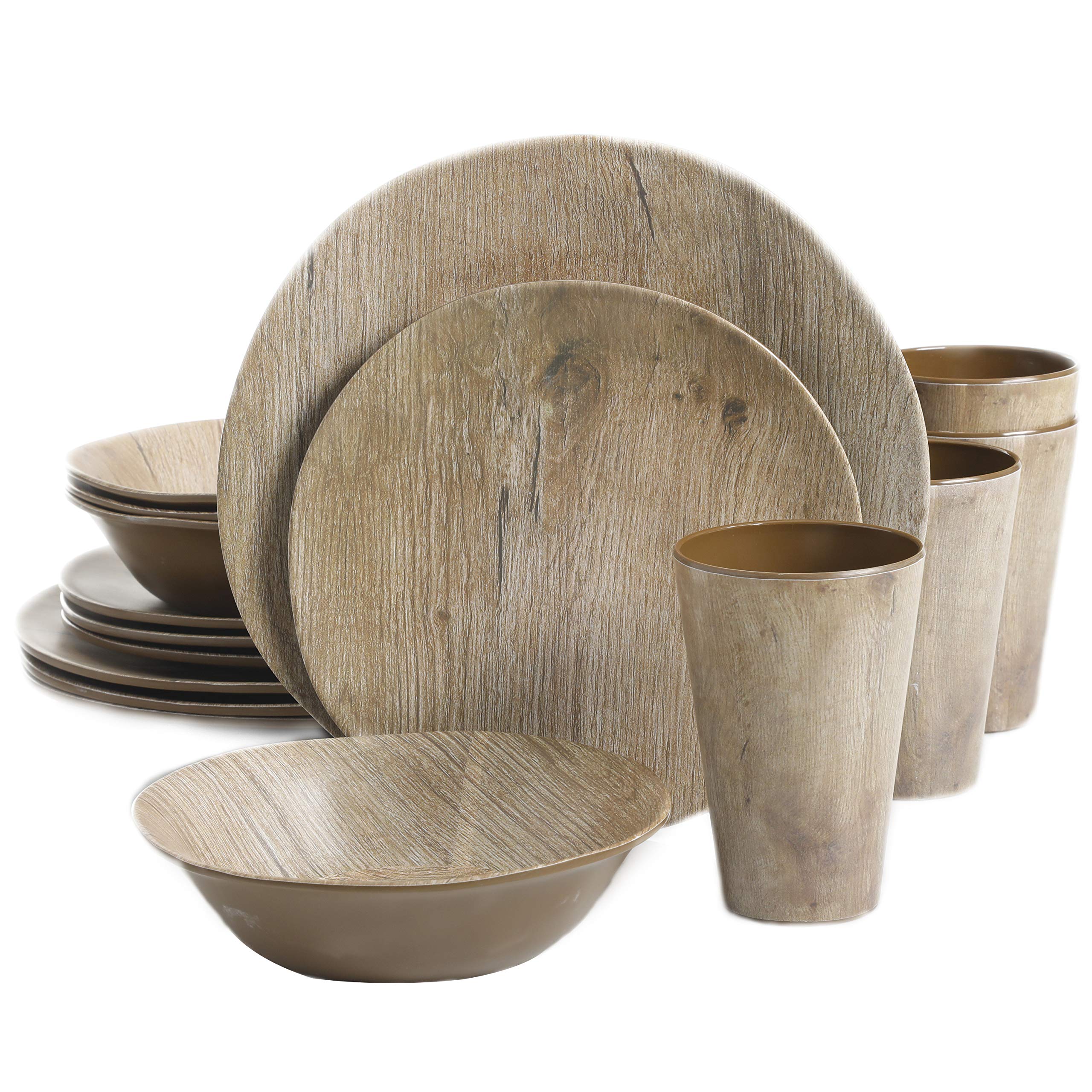 Gibson Home Woodlands Round Melamine Plastic Dinnerware Set, Service For Four (16Pcs), Wood