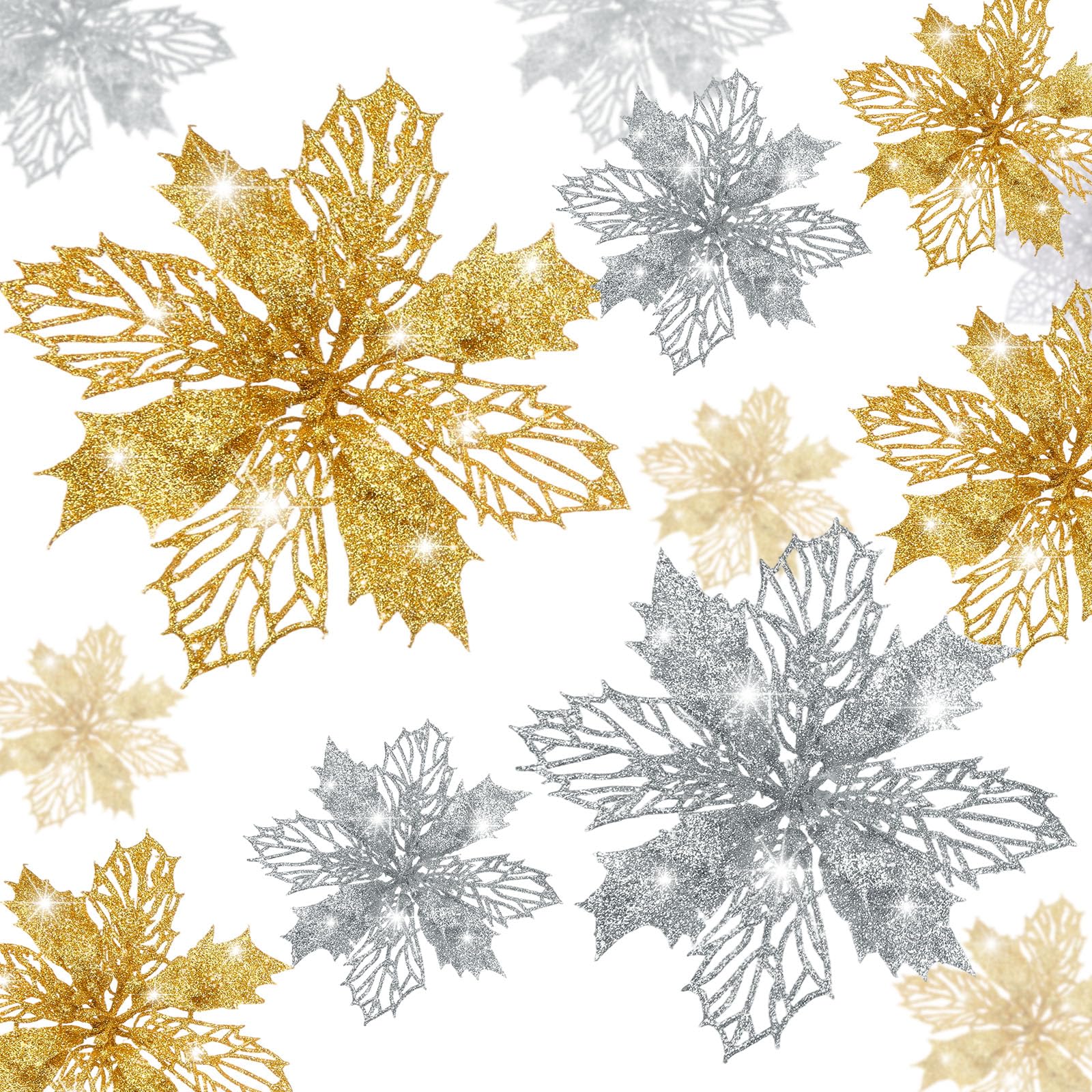 Boao 24 Pieces Gold and Silver Christmas Poinsettia Flowers Glitter with Clips Christmas Ornaments Decorations for Tree Artifici