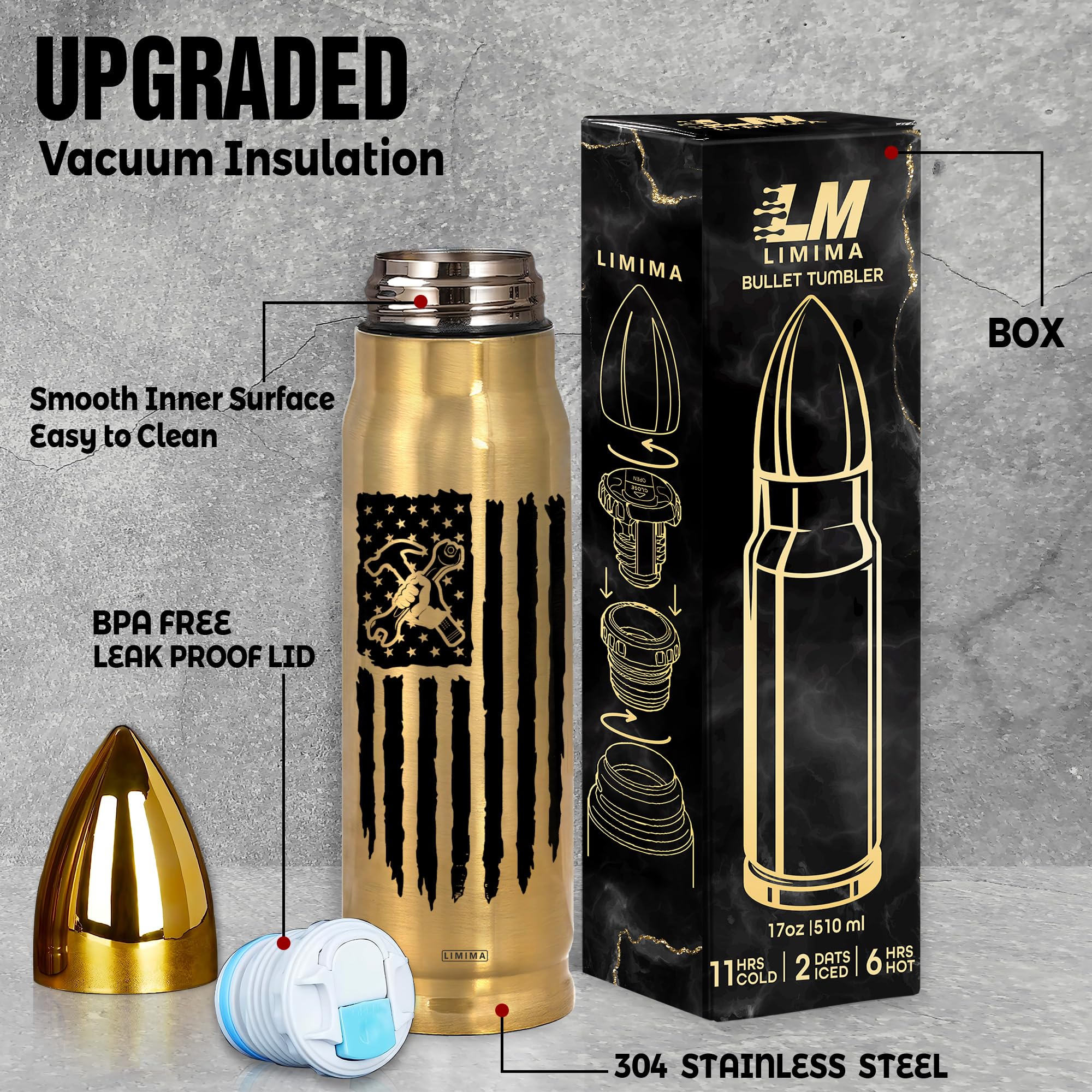 Limima Mechanic Tumbler - 17oz Stainless Steel Insulated Travel Tumbler - ? Fix Stuff and I Know Things?- American Flag Tool Des