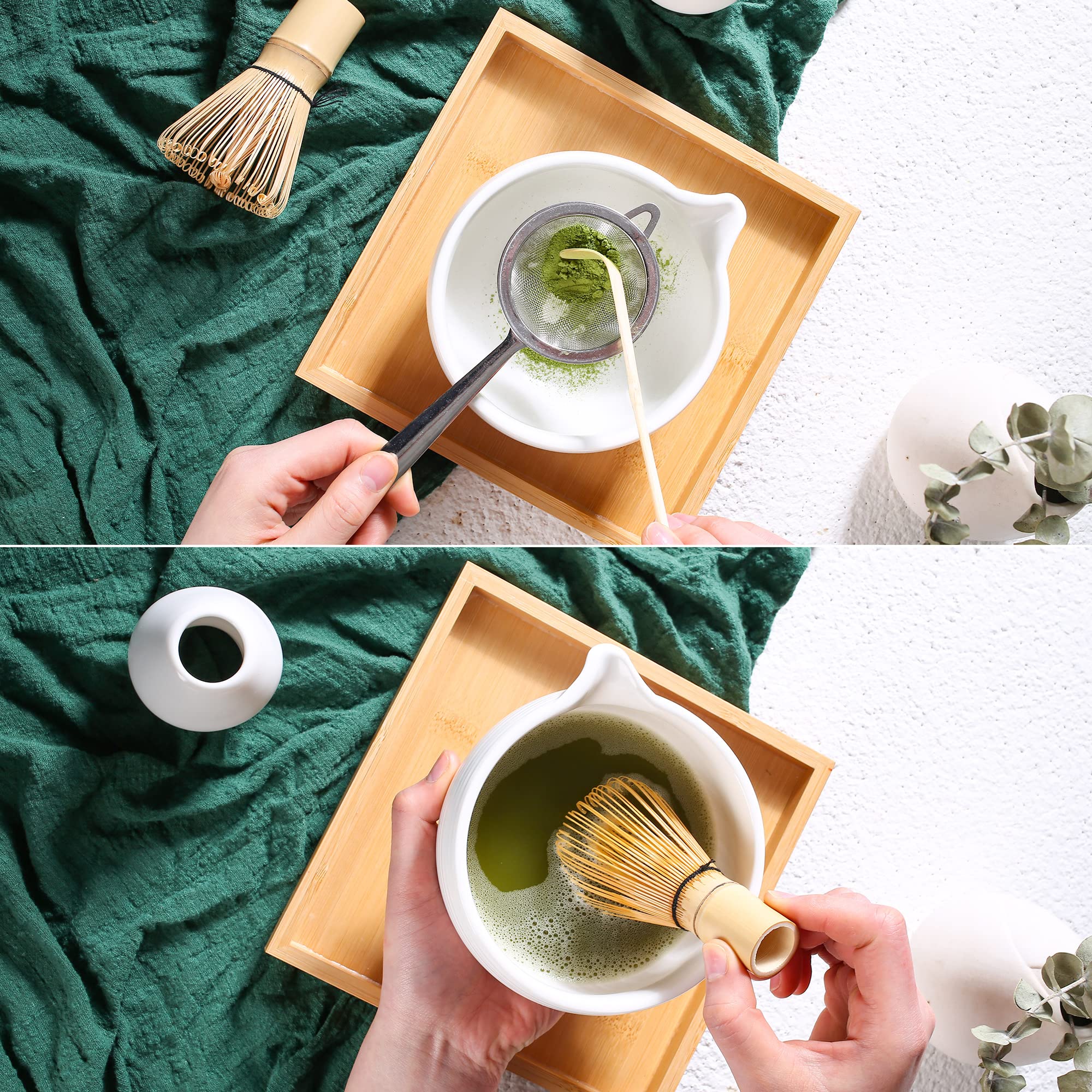 Zenrc Ceremony Matcha Kit - Bamboo Matcha Whisk (Chasen) Scoop (Chashaku) Chawan Bowl With Pouring Spout Whisk Holder Strainer-