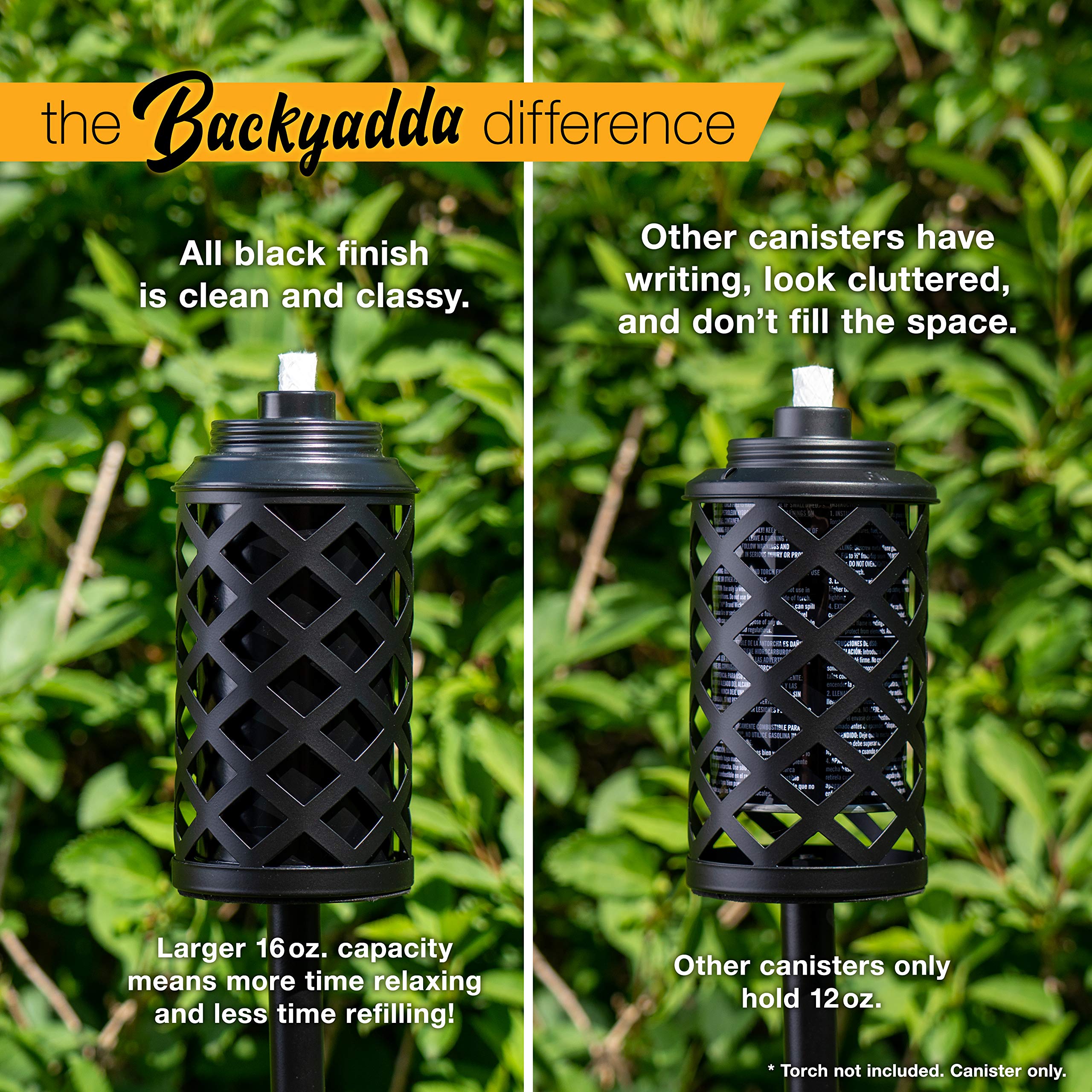 Backyadda Torch Replacement Canisters (16 Oz). Compatible With Tiki Brands (Bamboo And Most Metal Styles). Easy Fill Opening. 4-