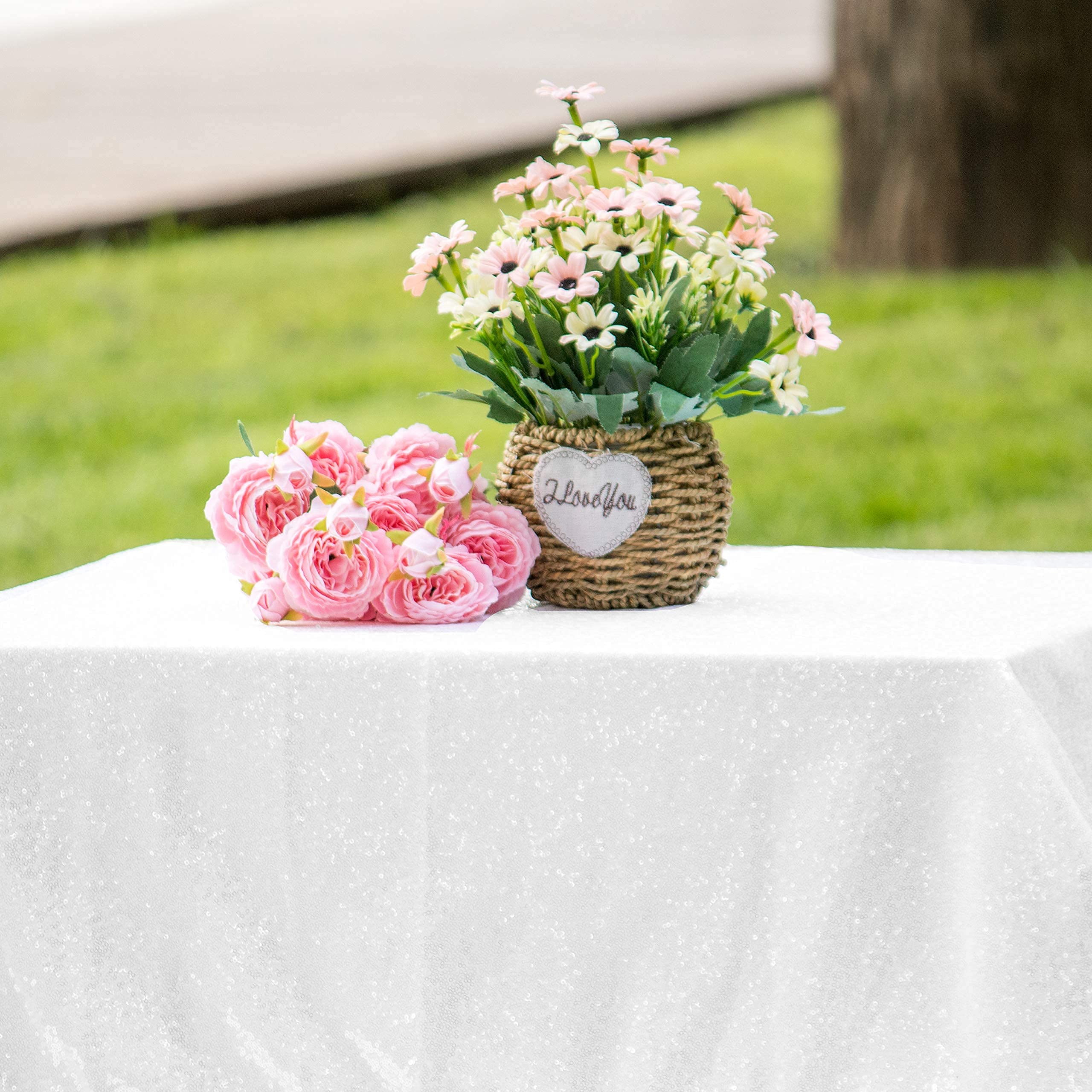 Jyflzq White Sequin Tablecloth 50 X 80 Rectangular Sparkly Drape Table Cloths Table Cover Overlay For Wedding Birthday Party Bab