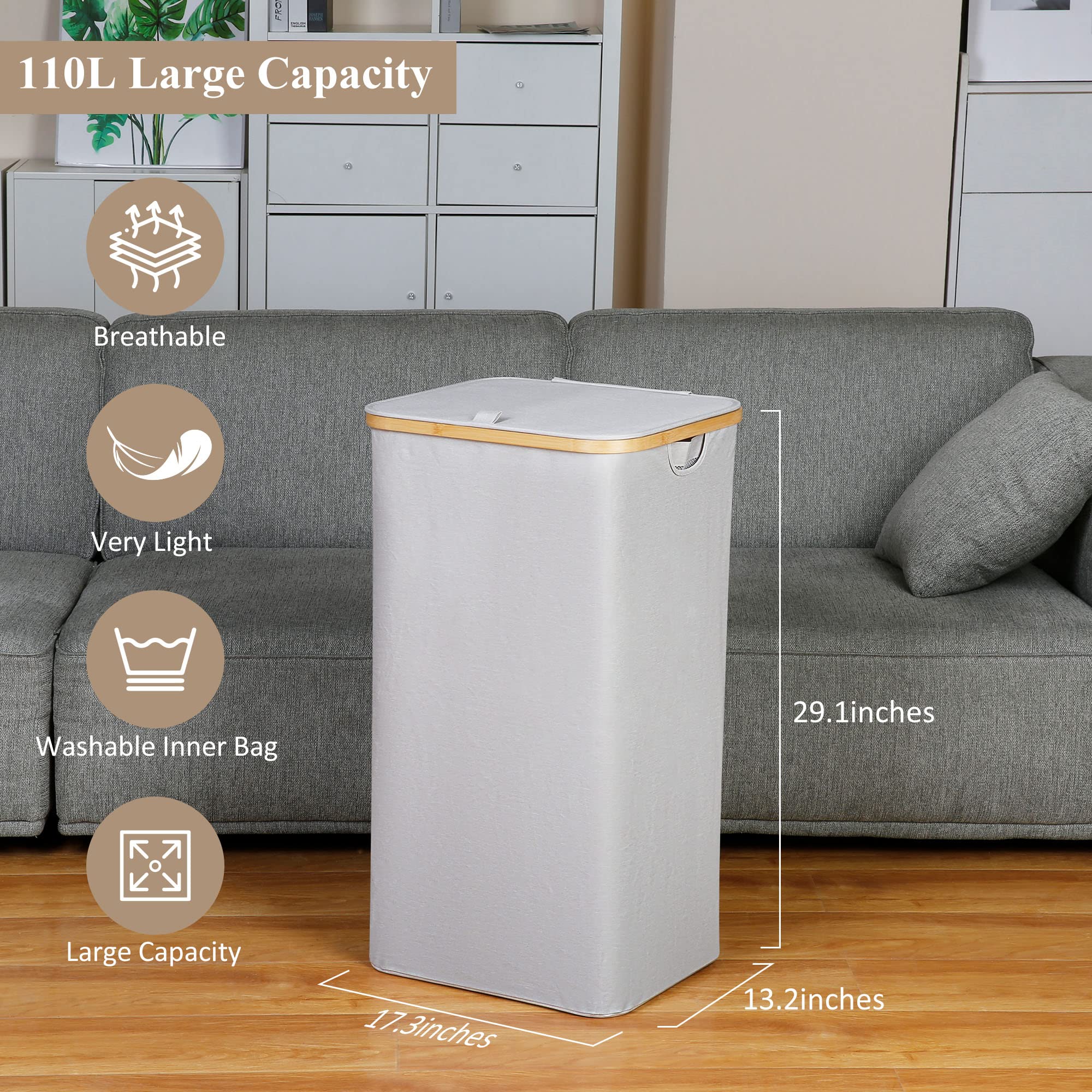 Iegrow Laundry Basket With Lid, 110L Laundry Hamper With Bamboo Handle,Clothes Basket Organizer With Removable Inner Bag For Clo