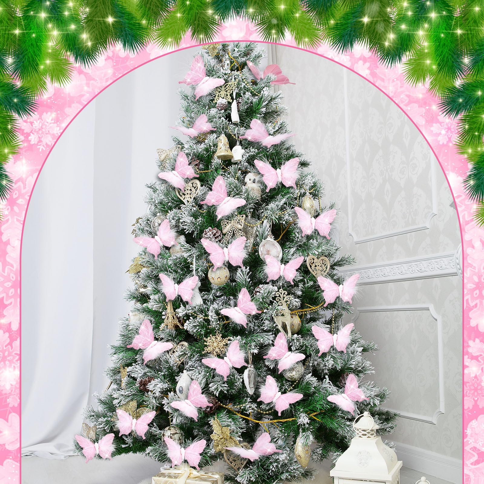 Knitgrip 24 Pcs Christmas Tree Glitter Butterflies Ornaments White Feather Butterfly with Glitters Clip on Artificial Butterflie