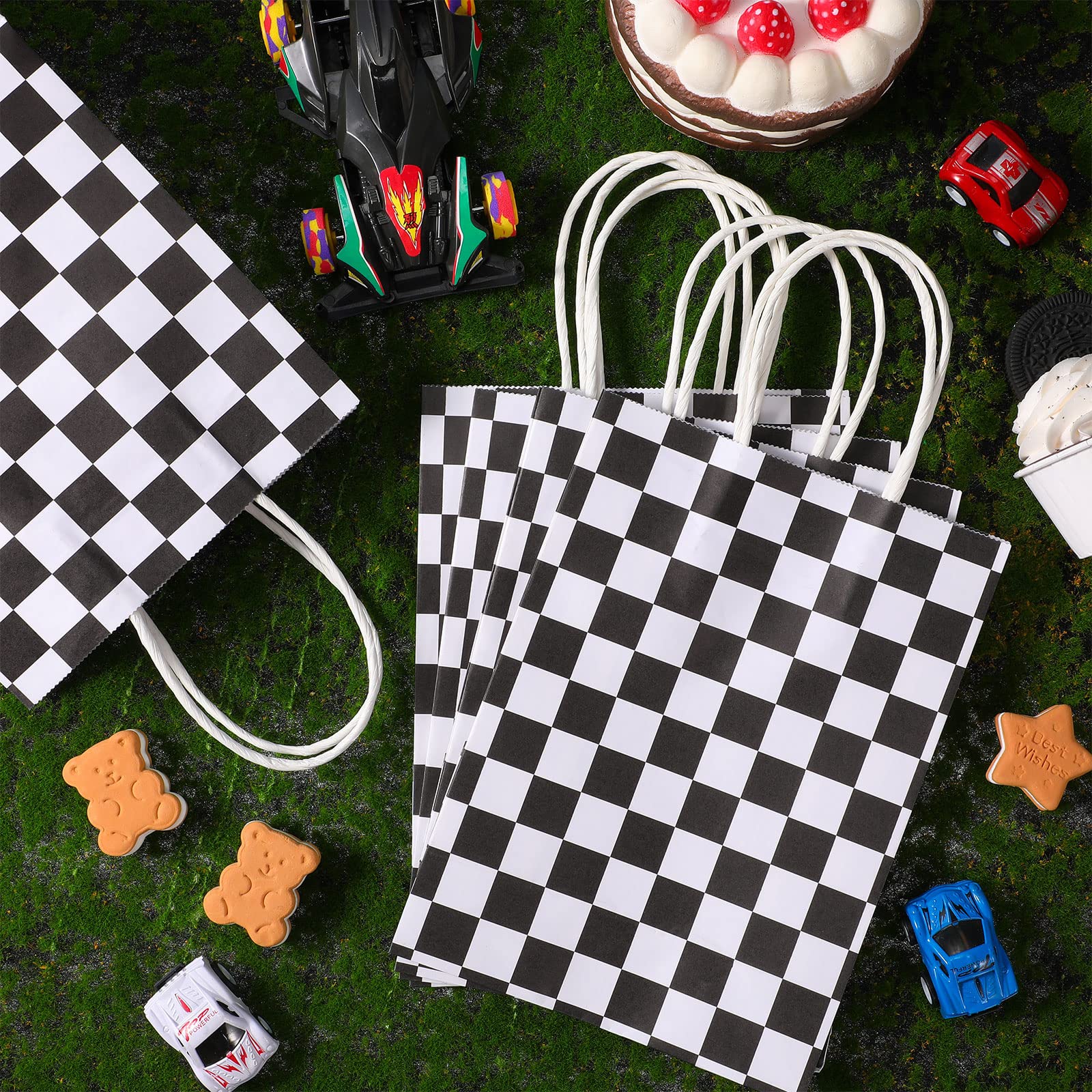 Epakh 16 Pcs Checkered Racing Treat Bags Race Car Party Favors Bag With Handles Black And White Checkered Racing Flag Candy Bags