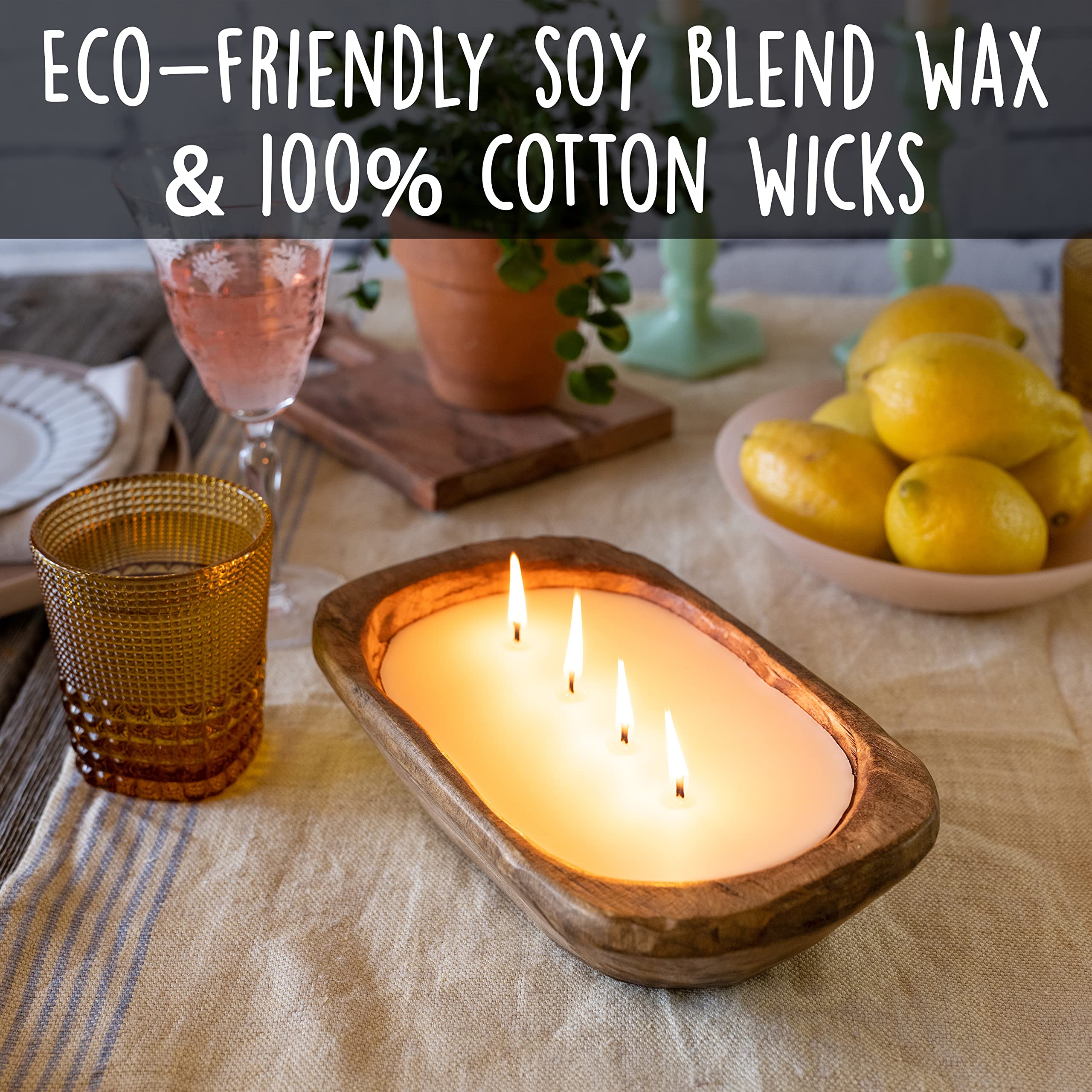 Wooden Dough Bowl Candle 10 Inch  Wooden Dough Bowl Soy Candle  Farmhouse Dough Bowl Candles for Table  Wood Bowl Candle Boat 4 Wick  Wooden Candle Bowl Decor