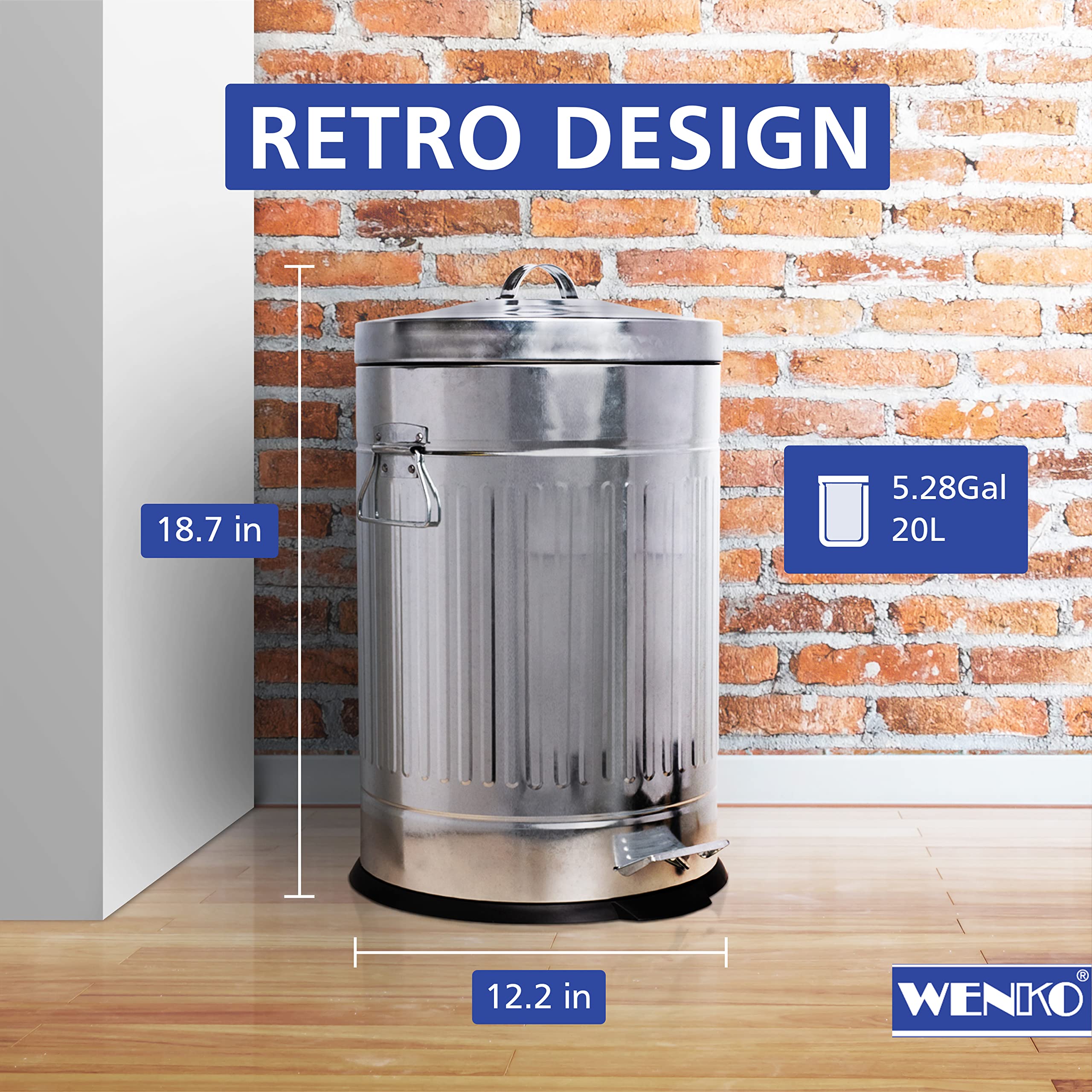 Wenko Step Trash Can With Lid And Pedal, Retro Metal Garbage Bin, For Bathroom, Kitchen, Office, Soft Close, 5 Gallon, 12.2 X 18