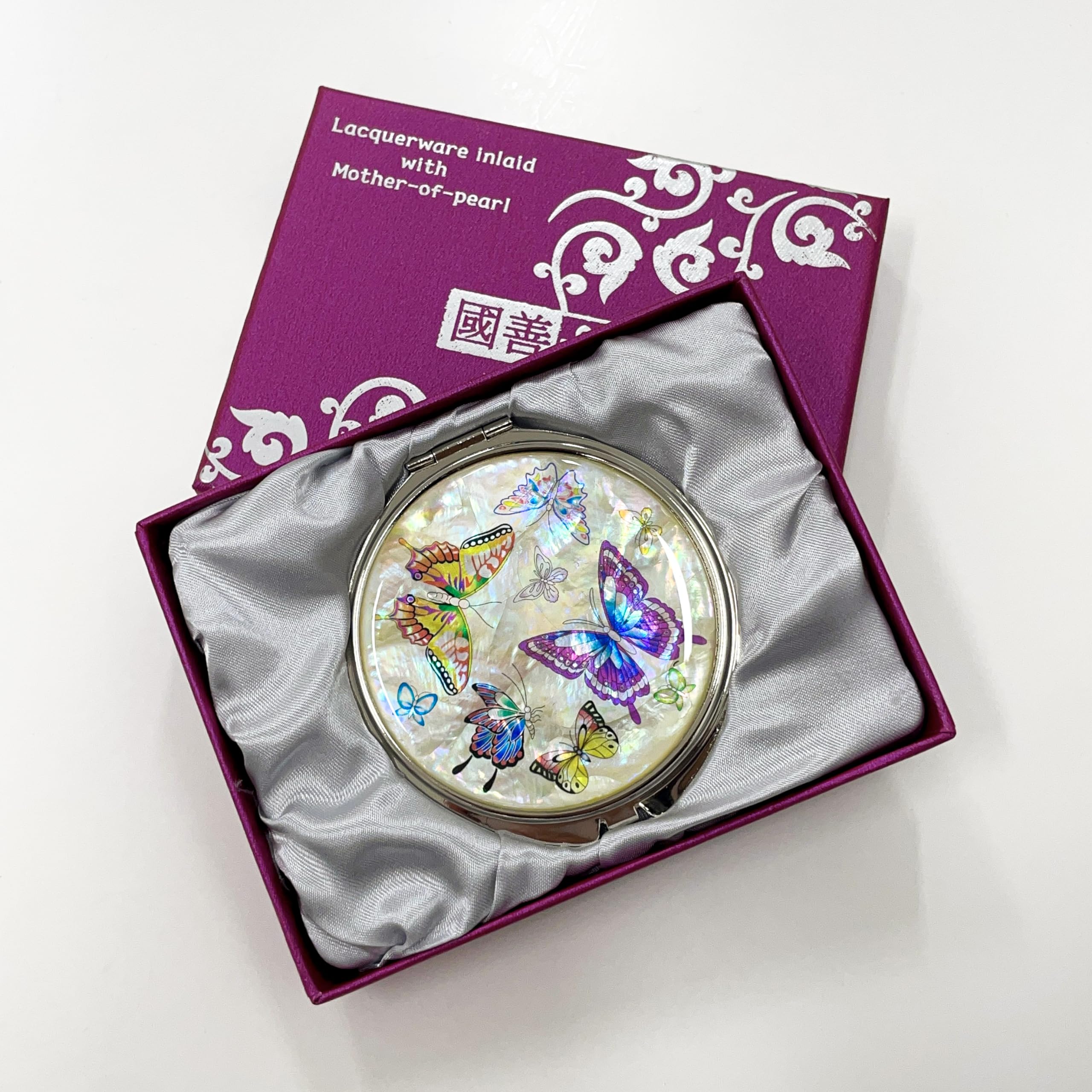 Nacreh Portable Makeup Compact Double Magnifying Mirror Cosmestic Foldable Pocket Style Unique Mother Of Pearl Design (Butterfly