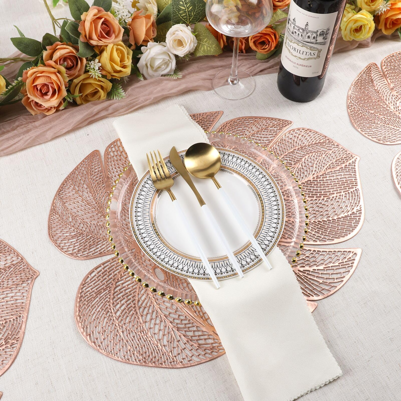 Evevda Rose Gold Leaf Shaped Vinyl Placemats For Dinner Table Set Of 6 Metallic Plastic Place Mats Wipeable 6Pcs Table Mats For