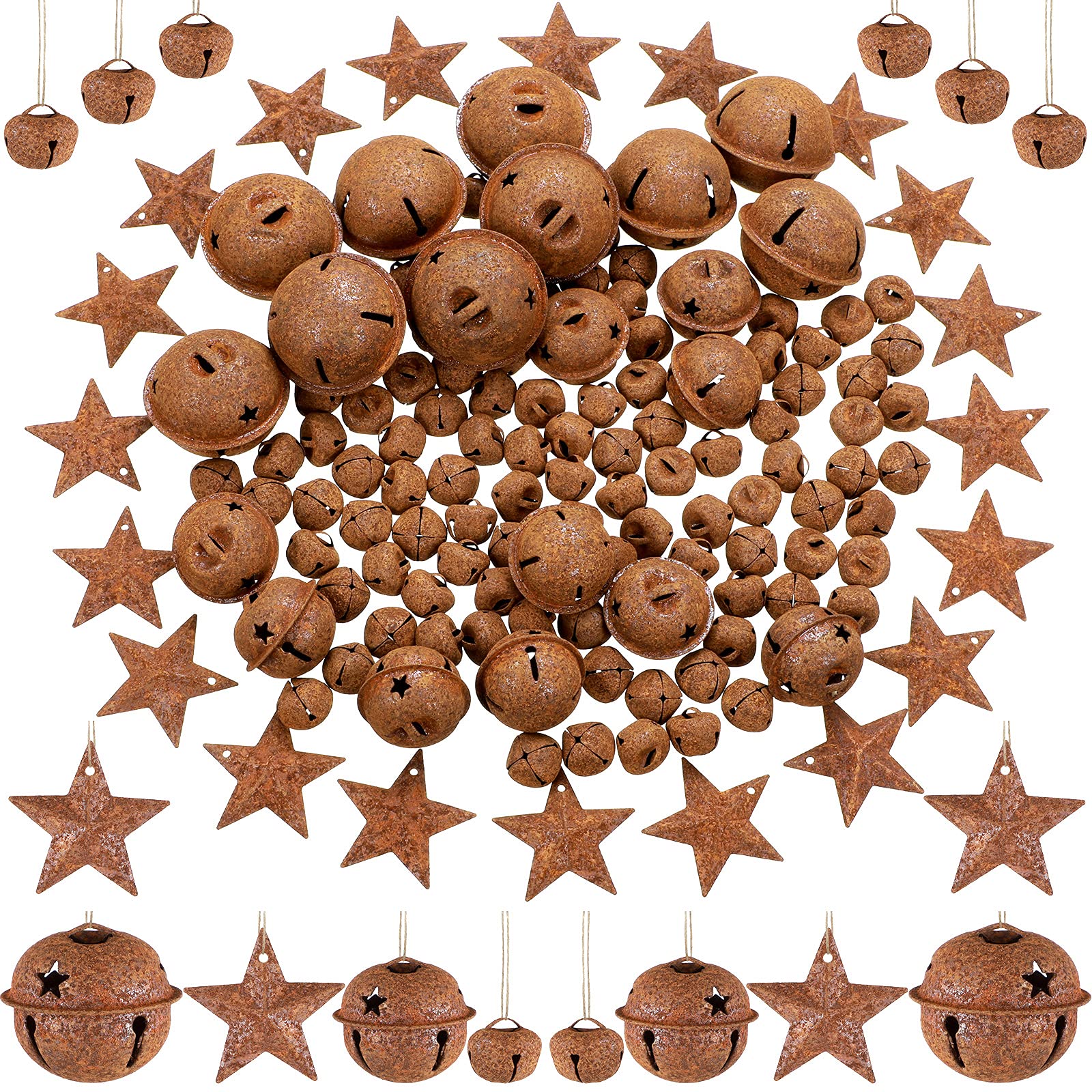 140 Pieces Christmas Bell Set, Includes 100 Rustic Small Bell 20 Star Cutout Bell 20 Metal Star Vintage Ornament for Christmas H