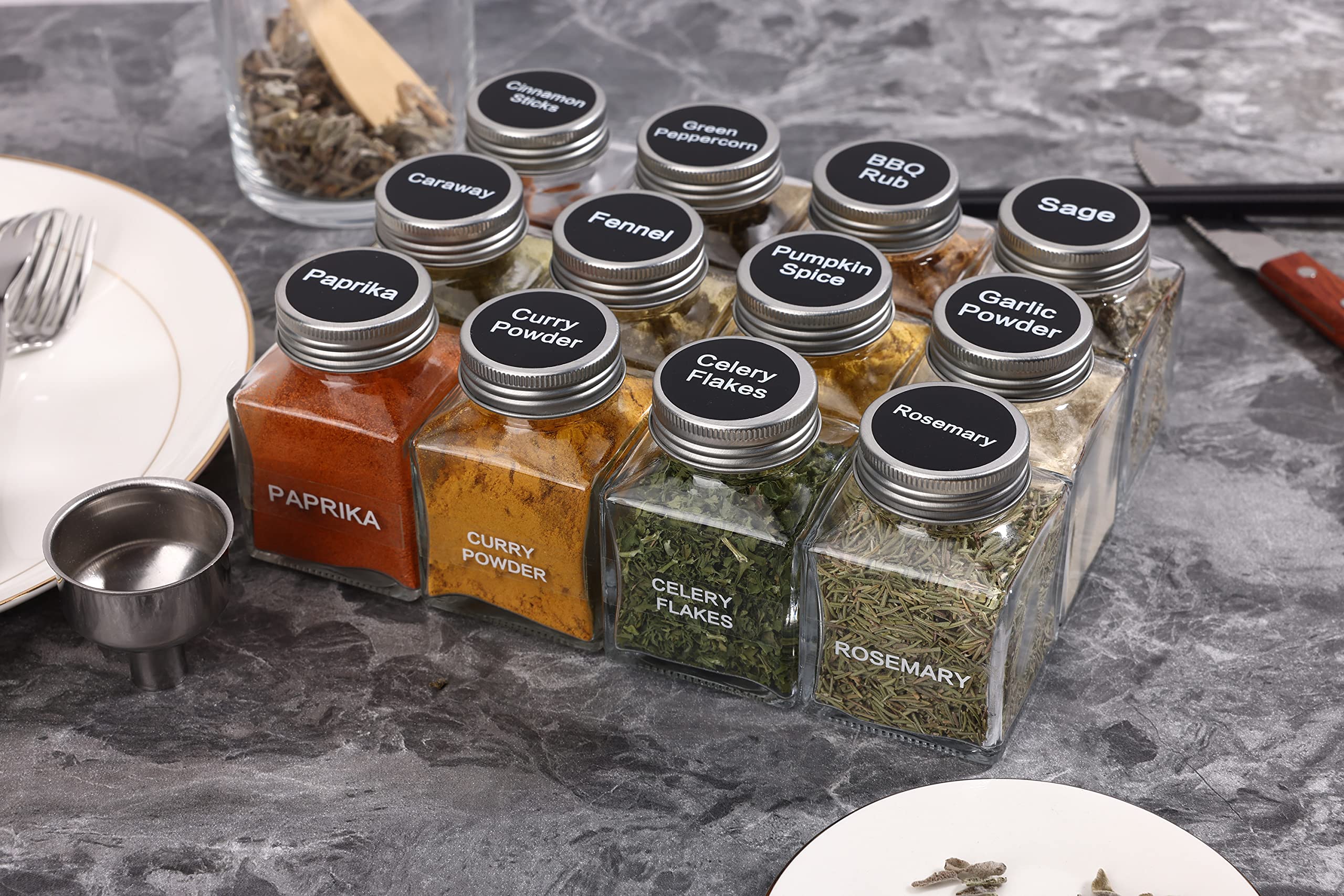 Unique Design Spice Jars With 372 Labels, 29-Pack 4.5 Oz Personalized Cubic Clear Glass Spice Jars With Shakers, Lids, Empty Squ