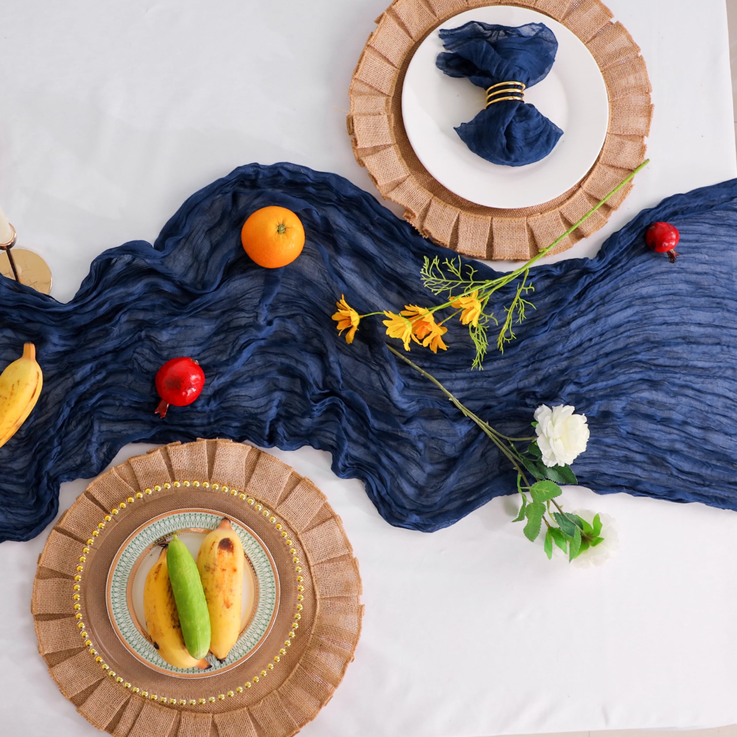 Snowkingdom 13Ft Navy Blue Cheesecloth Table Runner, 160Inch Long Cheese Cloth Boho Gauze Table Runner For Wedding Bridal Baby S